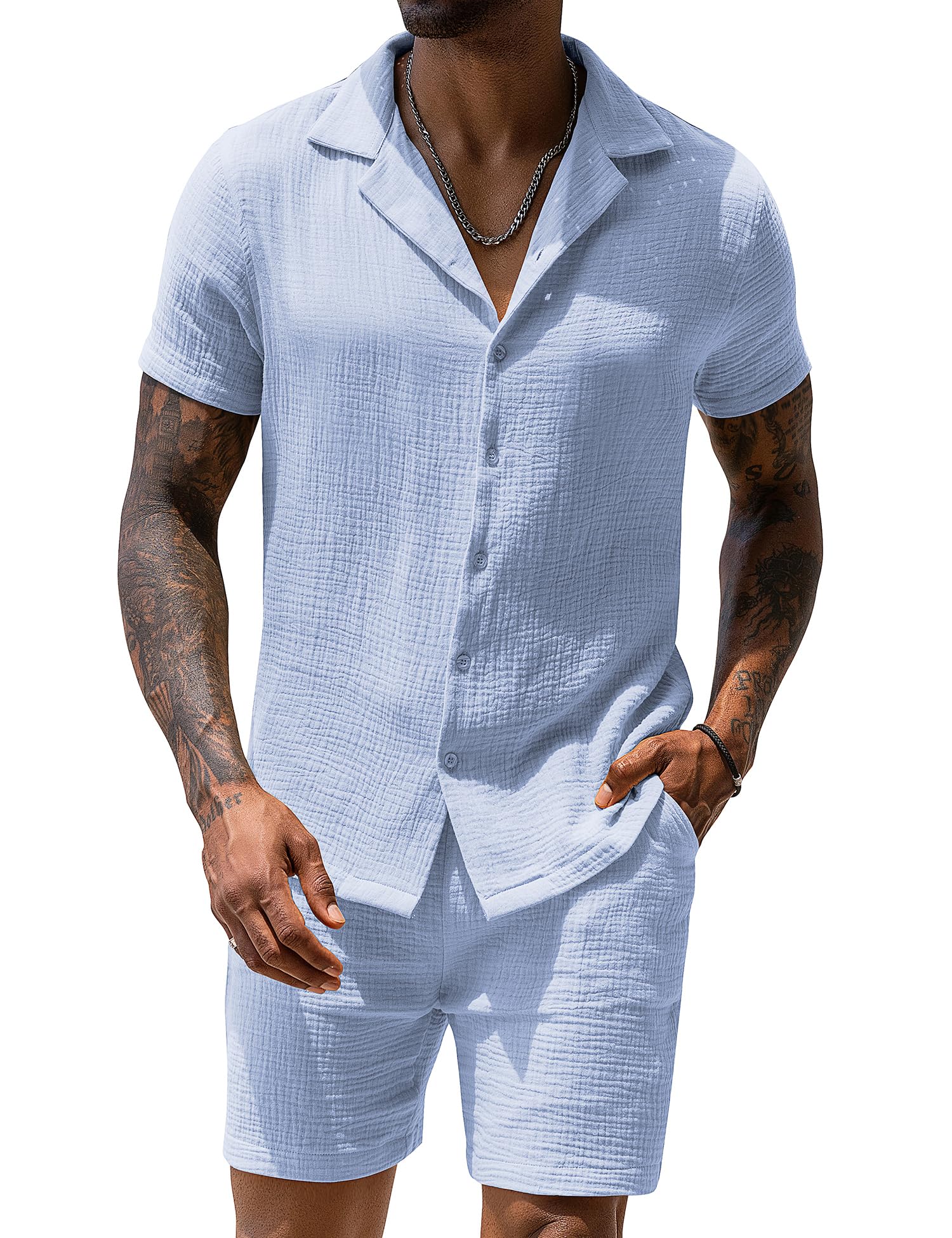 URRU Set da 2 pezzi da uomo con camicia a maniche corte e pantaloncini, per spiaggia, vacanze tropicali