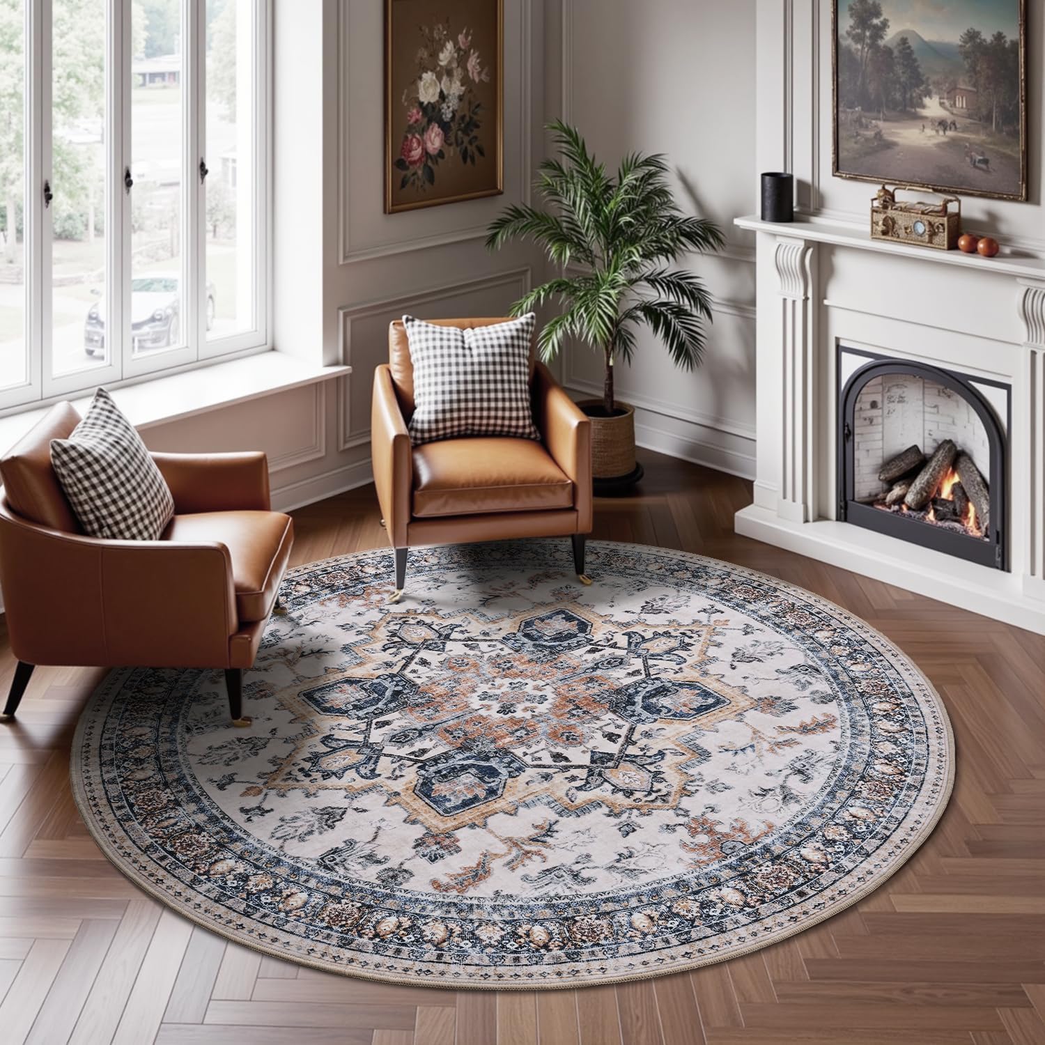 6 ft Round Rugs for Living Room Bedroom Rug Circle Area Rug for Dining Room Table Throw Vintage Circular Rugs Washable Soft Comfortable Blue Rust