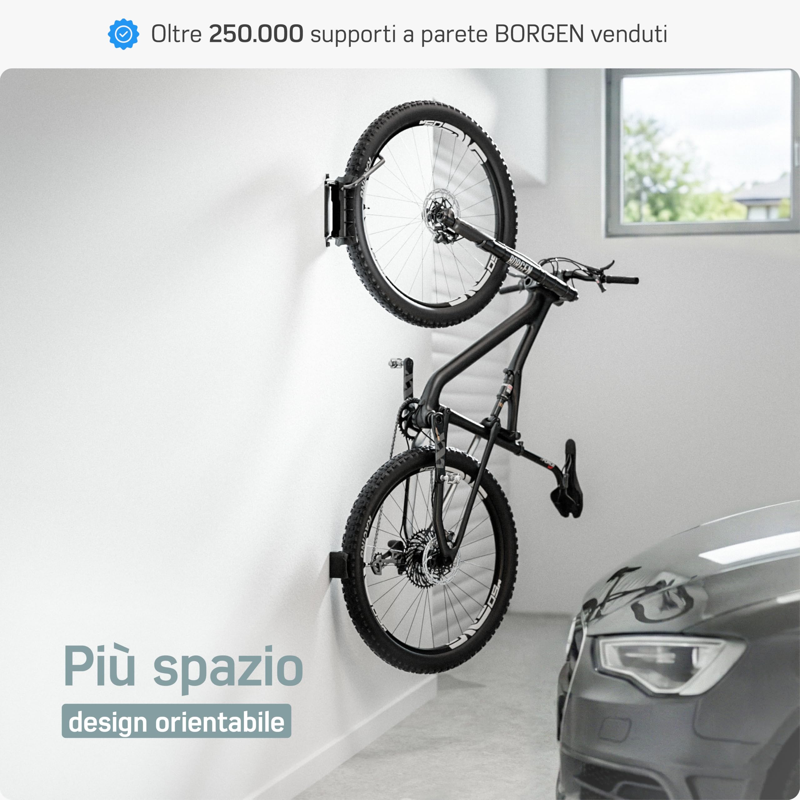 Borgen Portabici da Muro Girevole 35 kg – Supporto bici verticale salvaspazio – Incl. tasselli Fischer DuoPower