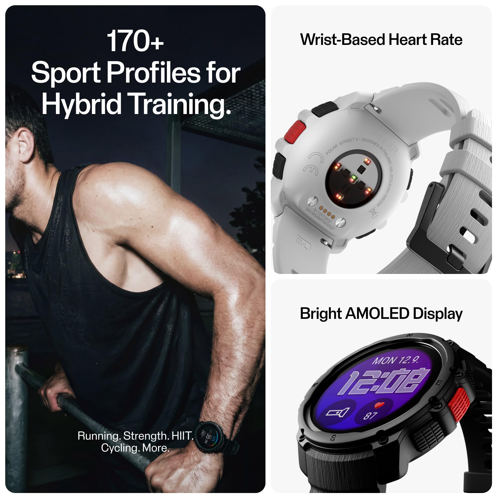 Polar Street X - Orologio sportivo da corsa GPS - Robusto impermeabile - 170+ profili sportivi - Batteria 10 giorni - Display AMOLED - Cardiofrequenzimetro da polso - Torcia integrata
