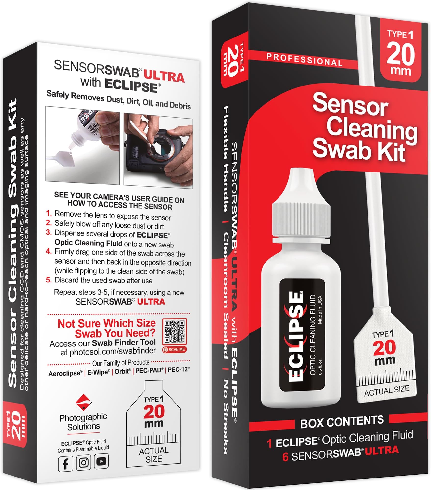 Sensor Cleaning Swab Kit - Eclipse Optic Cleaning (0.5oz/15ml) + Type-1 Sensor Swab Ultra 20mm (Pack of 6) - for APS-H CMOS and CCD Sensors - Dust & Oil Remover