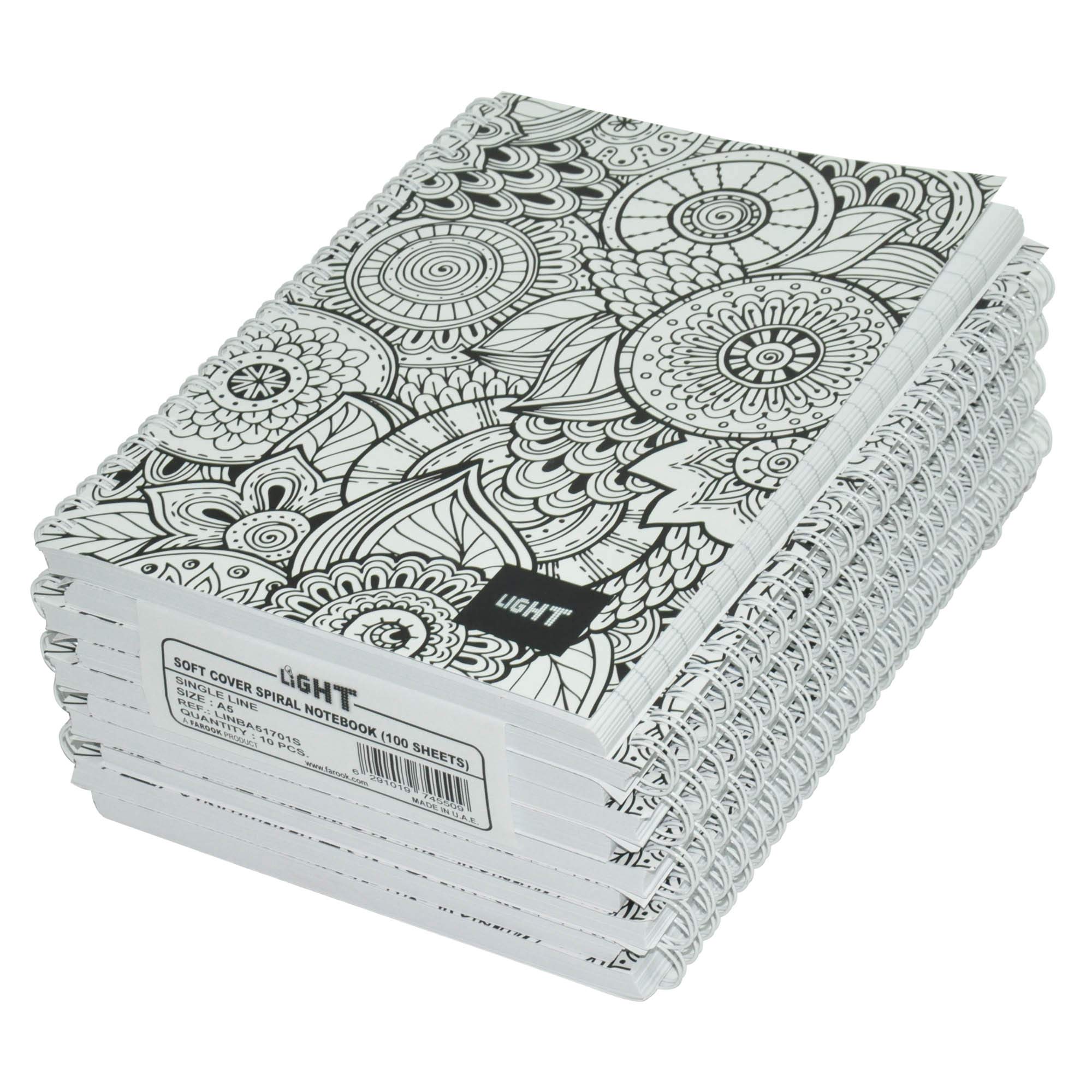 Light Spiral Soft Cover Notebook, A5 Size(14.8x21cm), Single Line Ruling, 100 Sheet, Pack of 10 Pieces-LINBA51701S