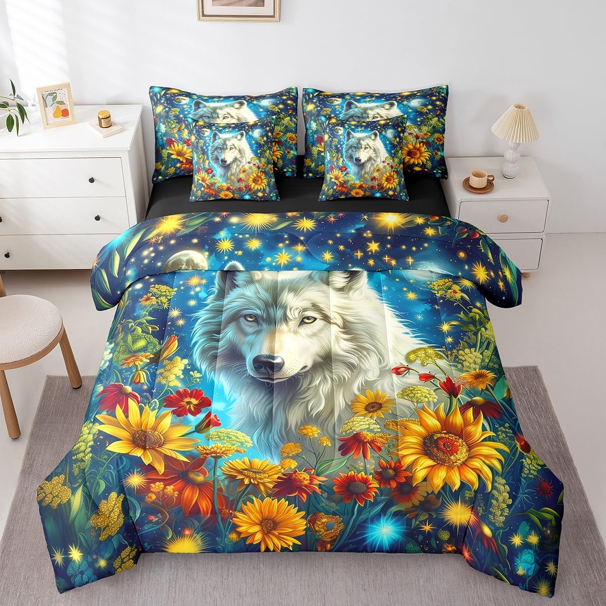 Manfei Wolf Full Bedding Set 7 Pieces,Rustic Daisy Sunflowers Natural Comforter Set with Sheets for Kids,Exotic Animal Neon Blue Sky Moon Stars Glitter Bed Set in a Bag with Pillow Covers
