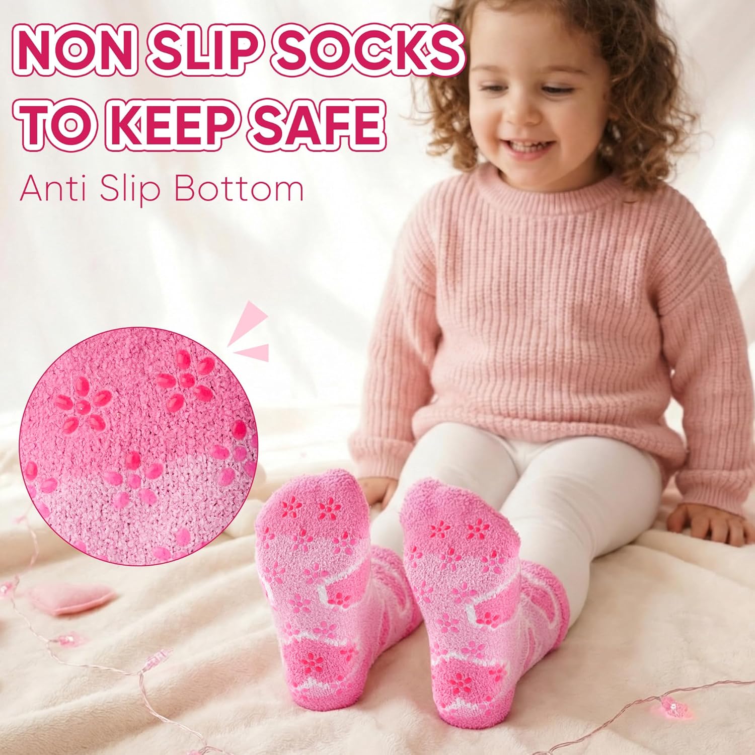 HONGTEYA Girls Kids Fuzzy Socks with Grips Toddler Non Slip Slipper Socks Crew Fluffy Warm Winter Sock 6 Pairs for 4-12 Years - Image 3