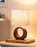 EDISHINE 13.4" Wood Table Lamp, Modern Bedside Lamp with Beige Linen Lampshade & ON-Off Switch, E26 Base, Small Nightstand Lamp for Living Room, Bedroom, Dark Walnut