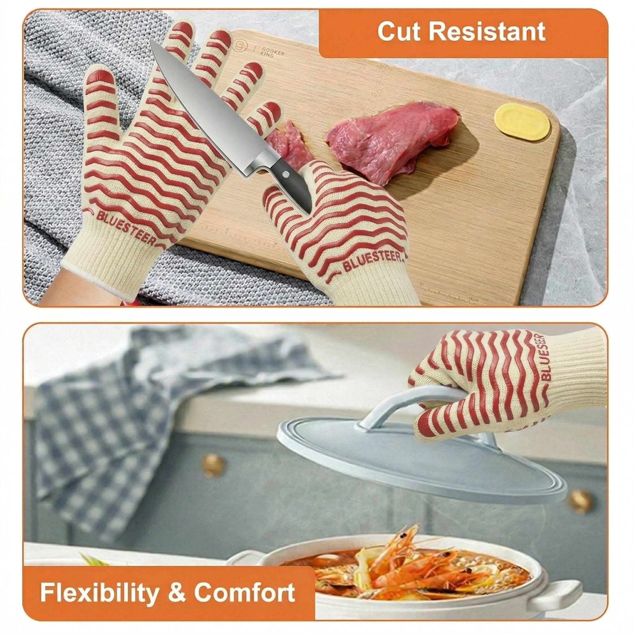 Guanti da forno, resistenti al calore fino a 500 °C, guanti da forno con dita, guanti da grill resistenti al calore per uomini e donne, guanti da barbecue con impugnatura in silicone, guanti ignifughi