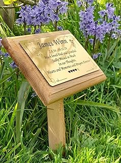 Personalised Oak Memorial Garden Plaque, Brass Effect Plate, Wooden Stak...