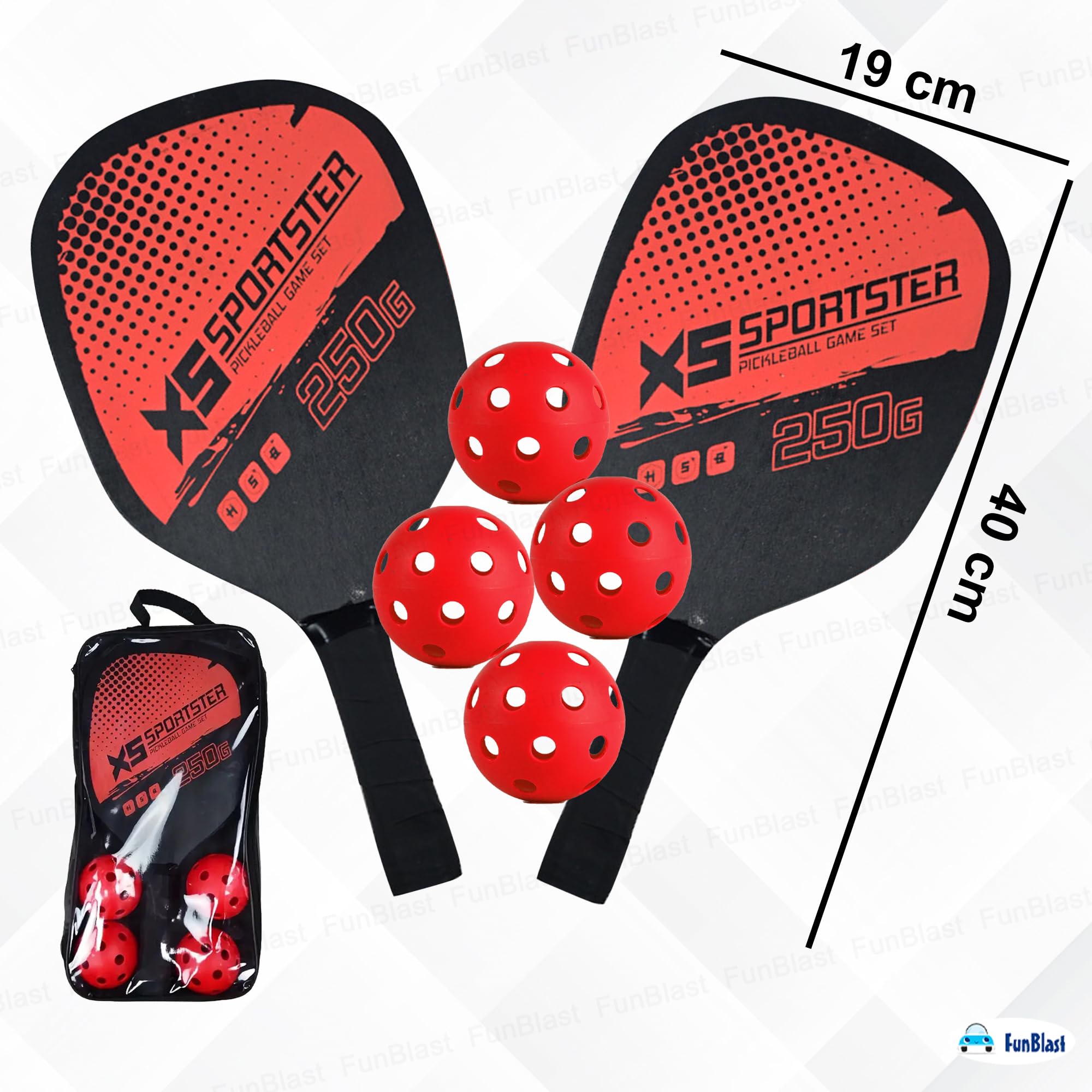 FunBlast Pickle Ball Racket Set - 2 Premium Wood Rackets with 4 Balls & Portable Carry Bag, Ideal for Kids, Men & Women - Durable & Lightweight, Outdoor Activities (Red) 1