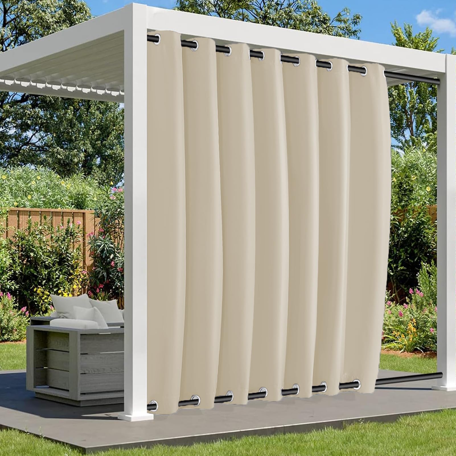 Waterproof Outdoor Curtains for Patio, Weatherproof Blackout Curtain with Top and Bottom Grommets, Thermal Insulated Privacy Outsides Curtain for Porch Pergola, 1 Panel, W100"xH52", Biscotti Beige