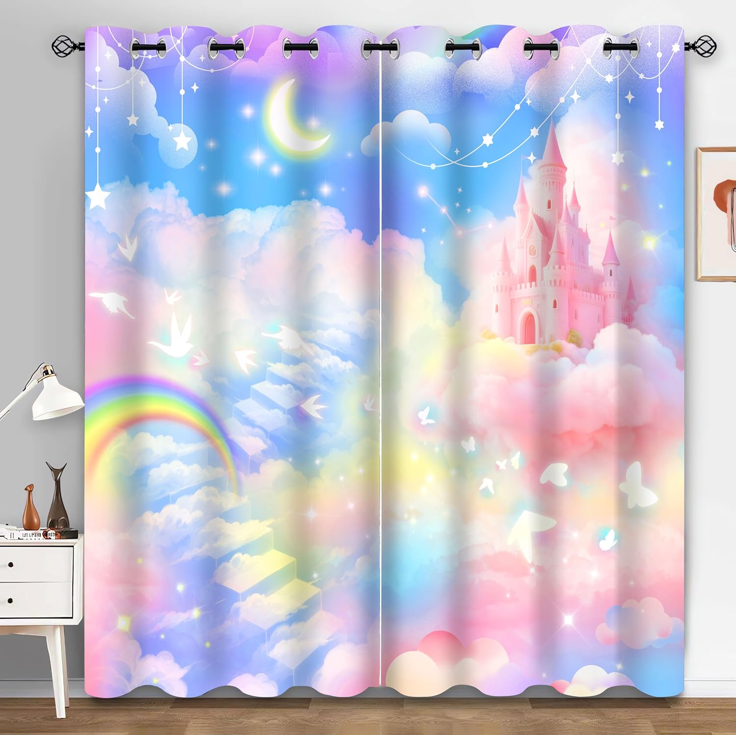 Princess Castle Curtains for Kids Bedroom,4284inch Dreamland Pastel Clouds Starry Moon Blackout Curtain, Fairytale World Colorful Drapes for Baby Nursery Decoration 2Panels HI14YL