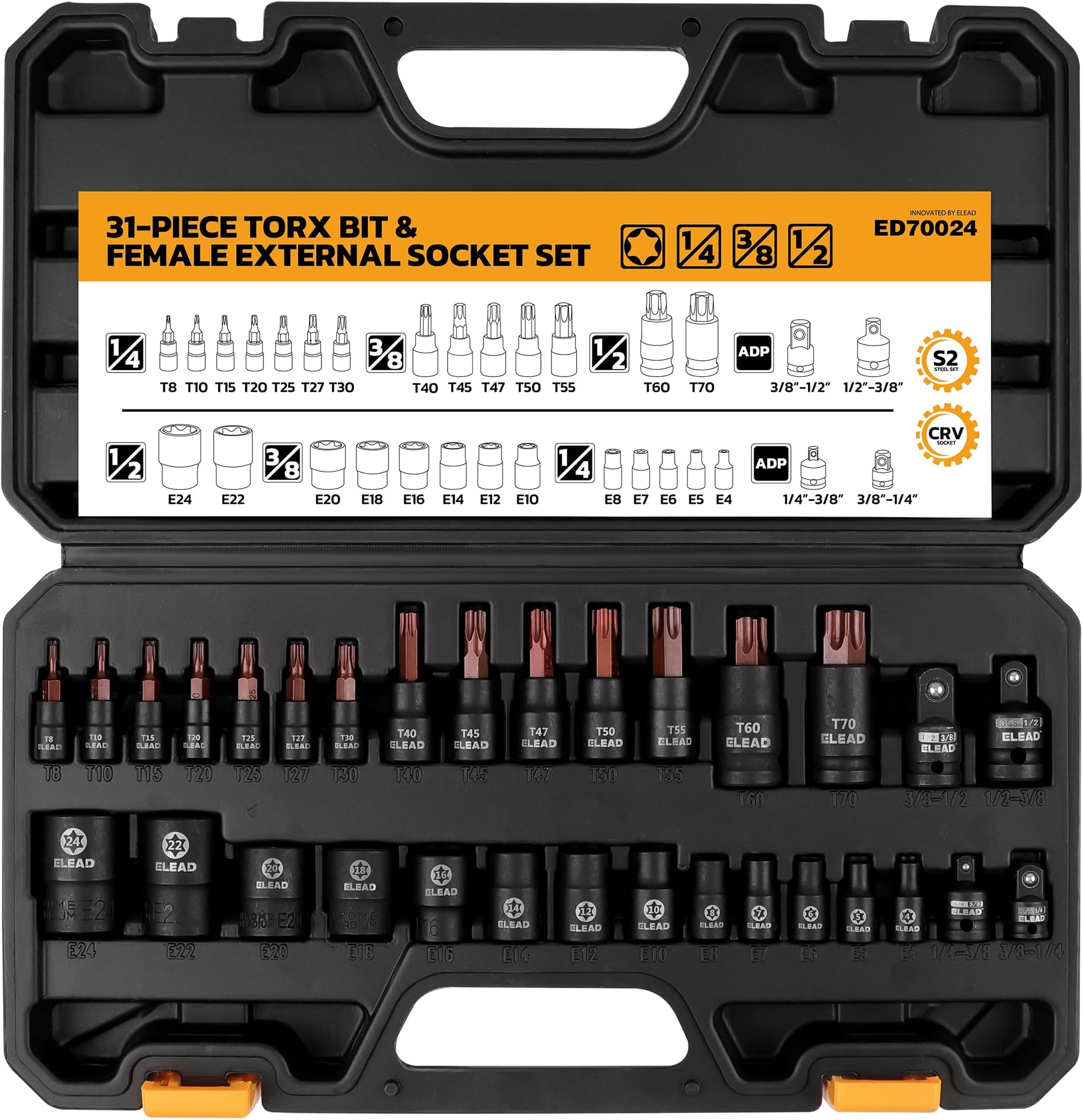 31-Piece Torx Bit Socket Set: Premium CR-V & S2 Alloy Steel, Star T8-T70 & E-Torx E4-E24, High Torque Laser Marked for Automotive Mechanic