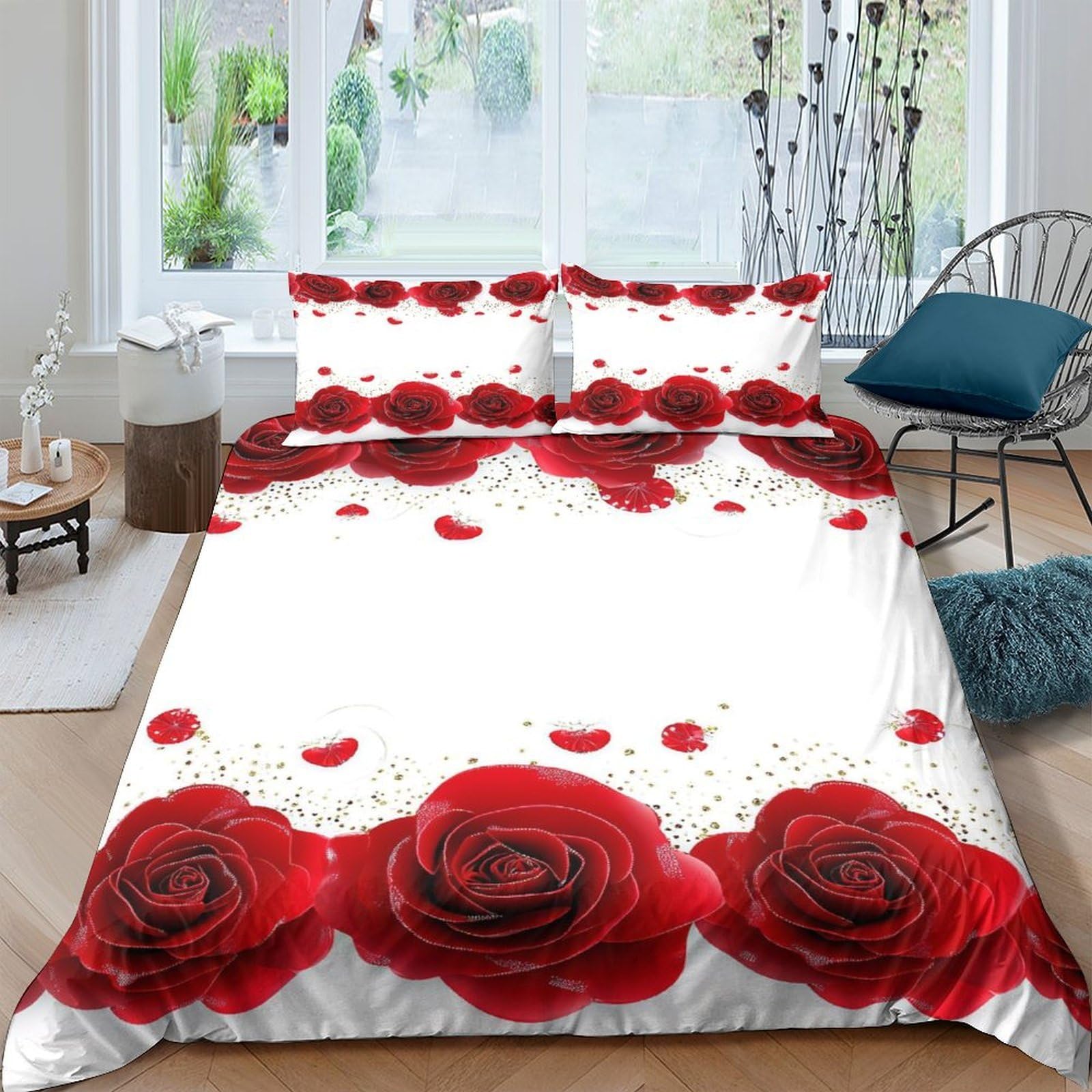 Ctjqhvkz Style-5 3D Printed Red Rose Fitted Sheet Microfiber Bed Cover Romantic Petal Pattern For Bedroom Dorm Machine Washable Single（135X200cm）