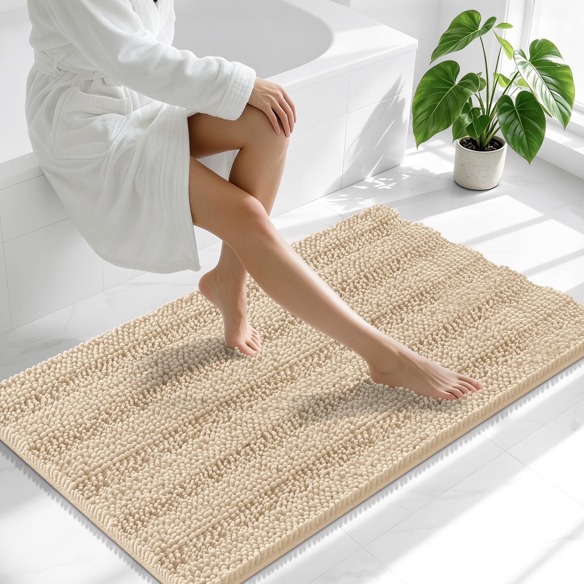 Smiry Thick Chenille Bathroom Runner Rugs 44x24, Absorbent Bath Mat, Beige