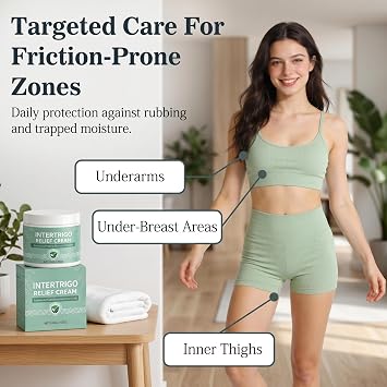 Intertrigo Relief Cream - Anti-Chafing & Skin Fold Care Cream for Moisture & Friction Control - Fast-Drying Sweat Rash Barrier Cream for Friction-Prone Areas, Under Breast & Underarms 100g