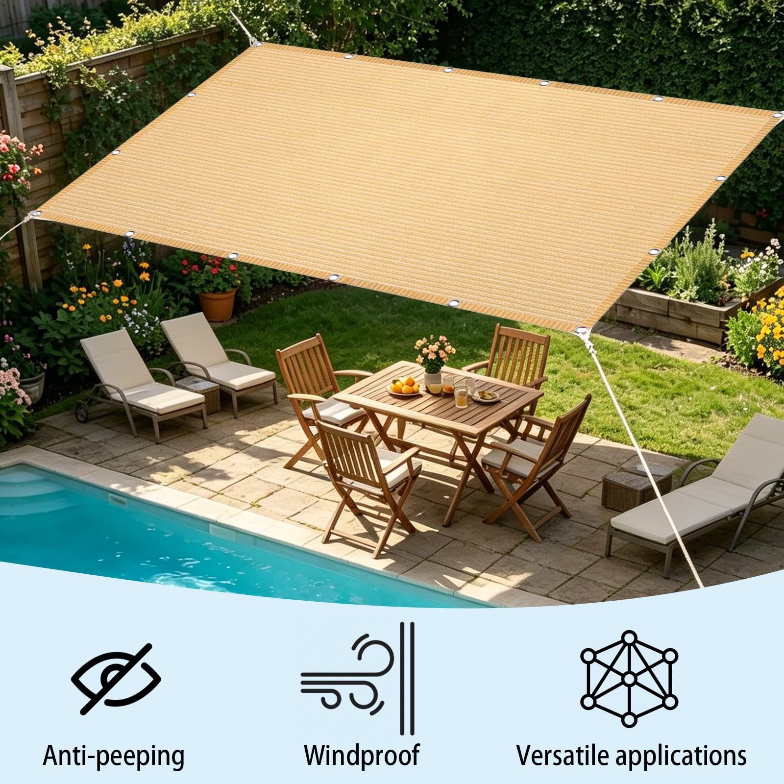 Vela Ombreggiante 1.5 x 3.5 m in Tessuto Hdpe, Permeabile All'Aria e All'Acqua, Telo Ombreggiante Occhiellato Tenda da Sole per Esterno per Giardino Pergola, Color Crema