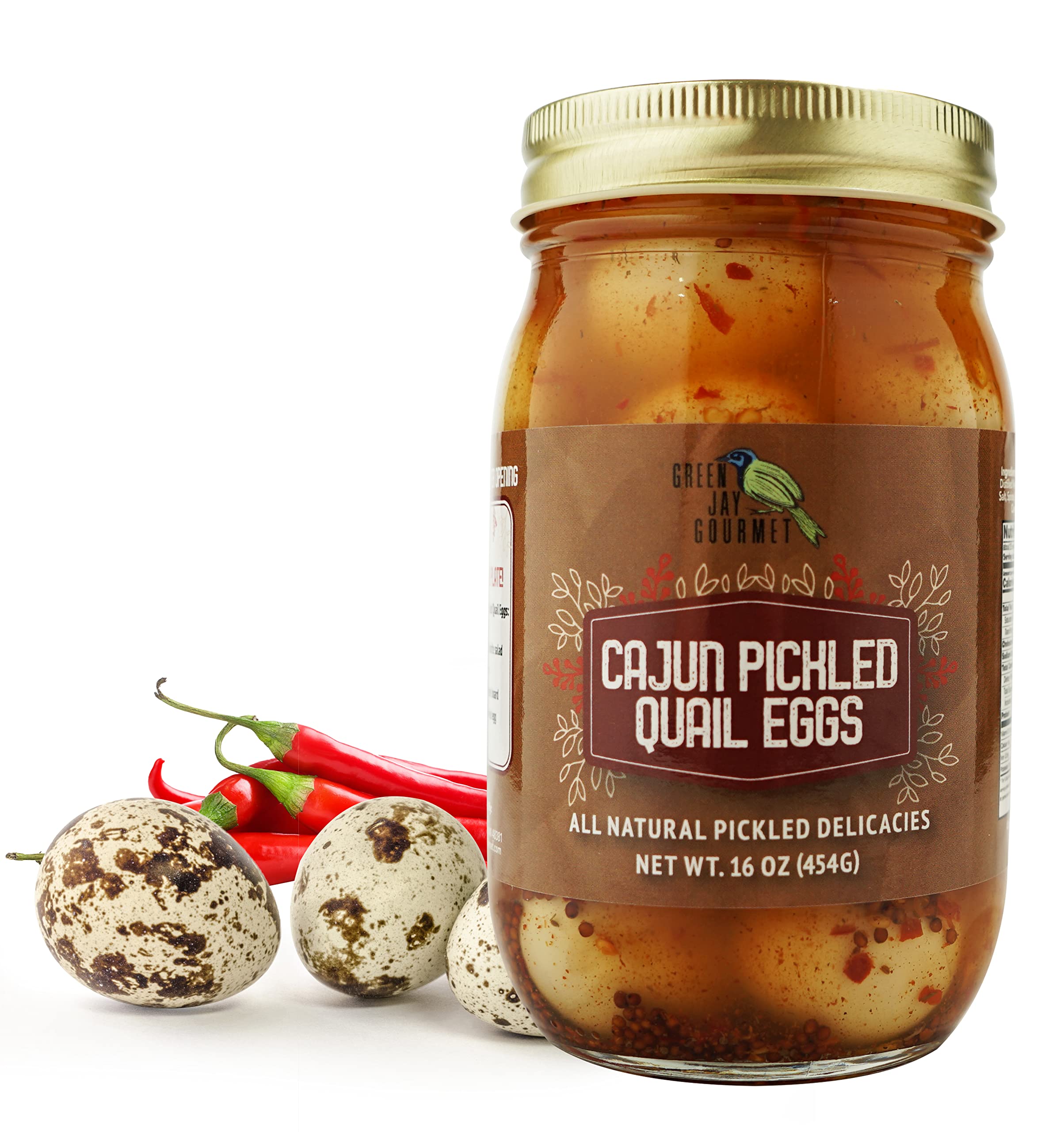 Green Jay Gourmet Cajun Spicy Pickled Quail Eggs in a Jar – Fresh Hand Jarred for Cooking & Pantry – Full Spicy Cajun Flavor - Simple Natural Ingredients - 16 Ounce Jar