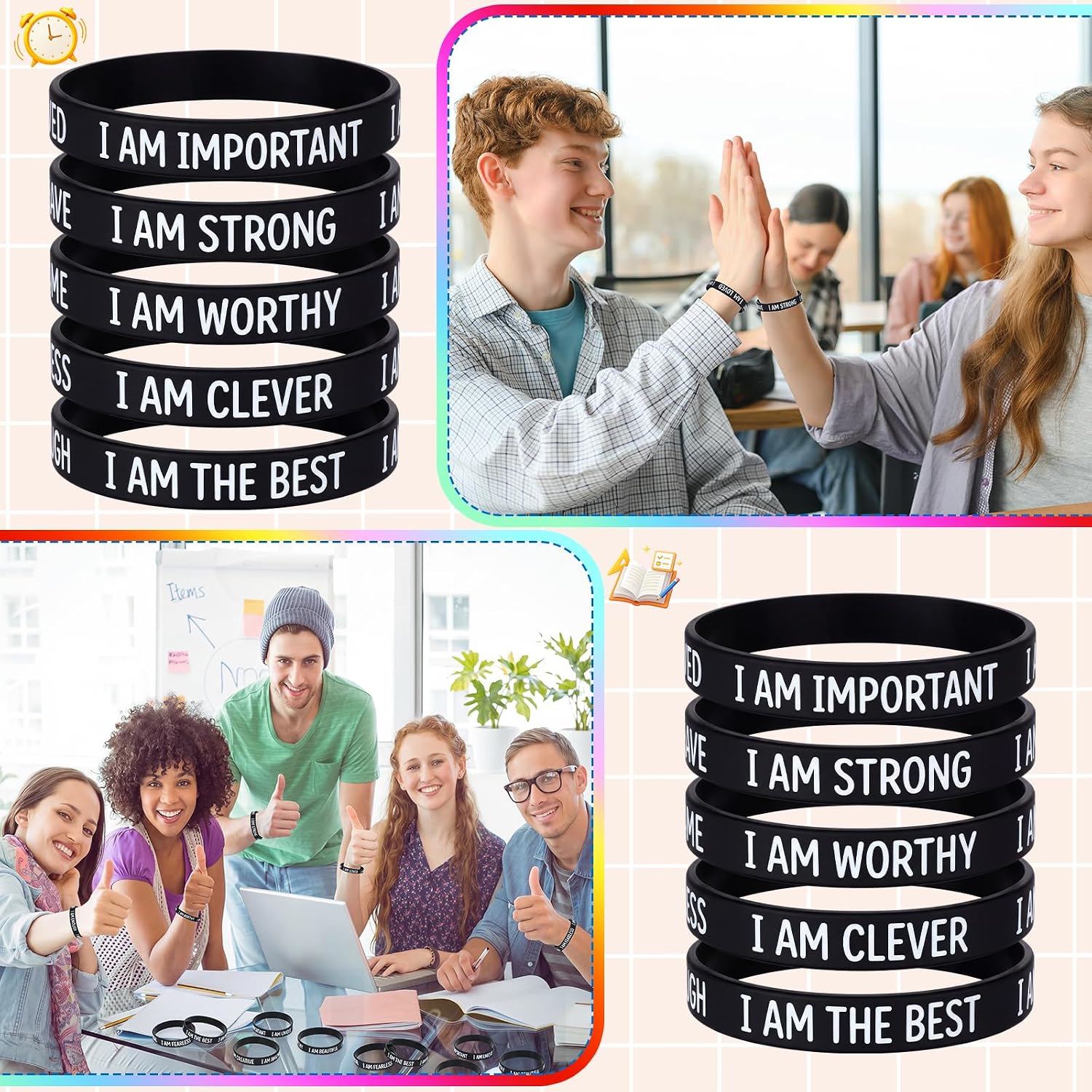 100 Pcs Motivational Silicone Wristbands Bulk for Students | Inspirational Quote Wristbands, Black Silicone Bracelets for Student Rewards, Classroom Recognition and Teacher Gifts