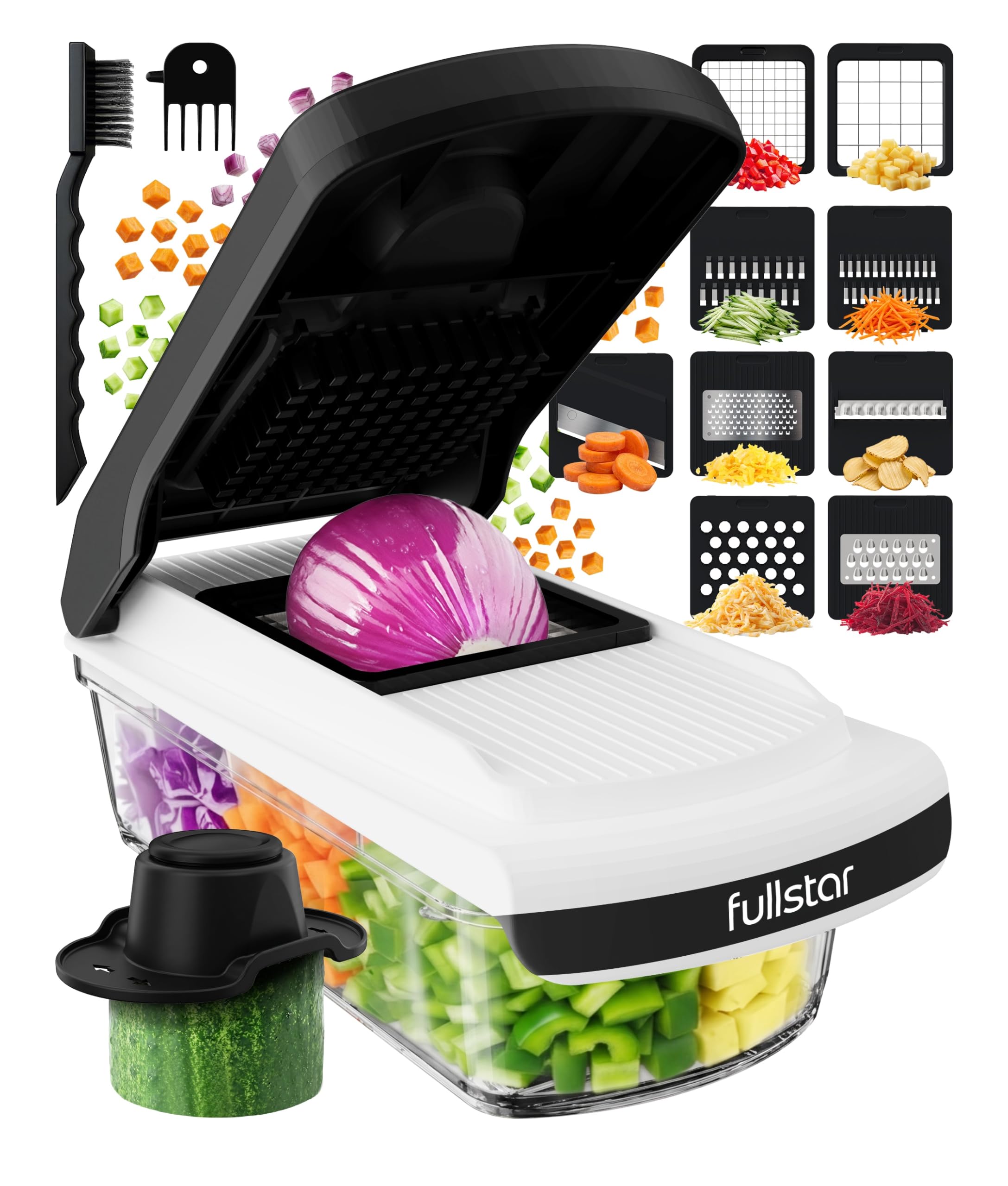 Fullstar Core Vegetable Chopper - Chop and Slice Lid - Food Chopper with Container, Veggie Chopper, Fruit Slicer, Onion Dicer - Meal Prep Essential - Kitchen Gadgets and Gifts (9-in-1, White/Black)