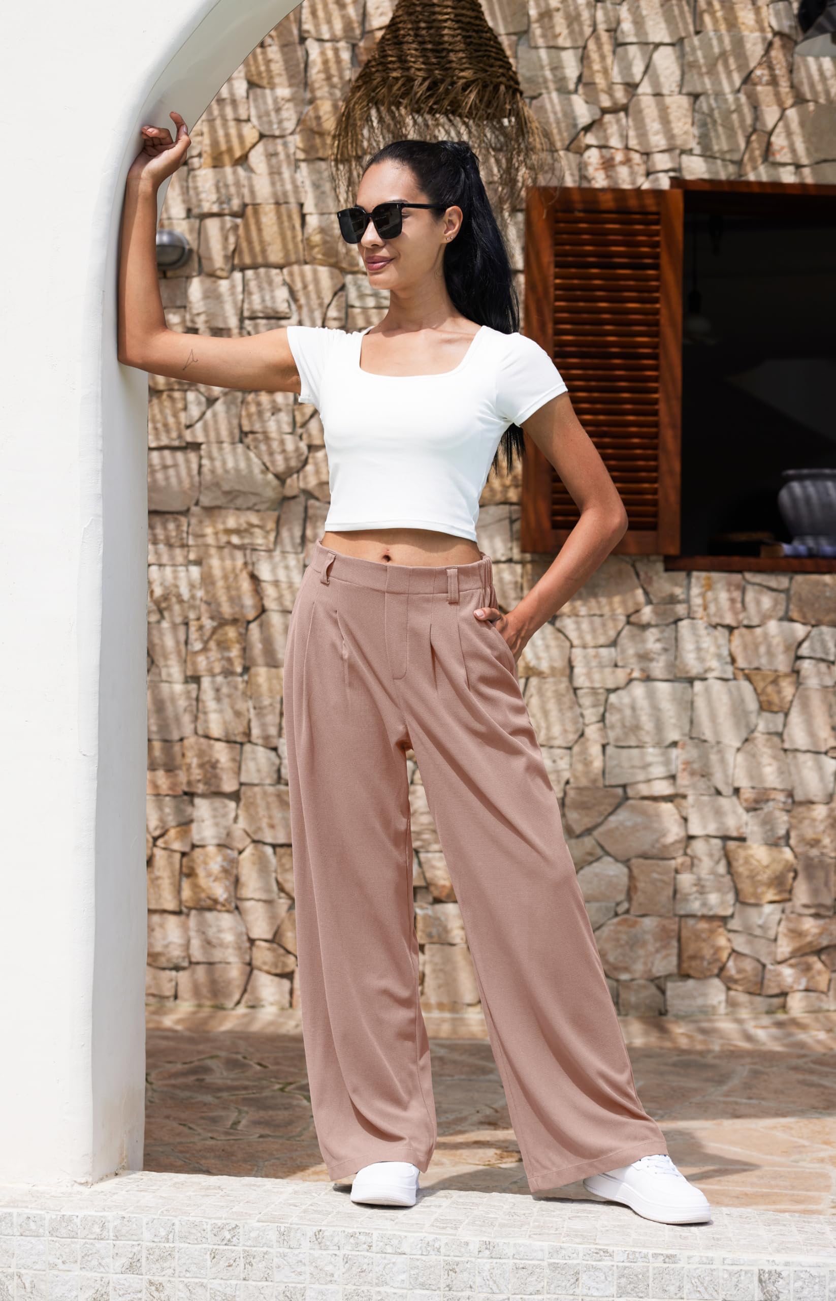 Libin Pantalon à jambe large pour femme - Taille haute - 73,7 cm - En tricot gaufré - Décontracté - Pour le travail - Pantalon palazzo avec poches