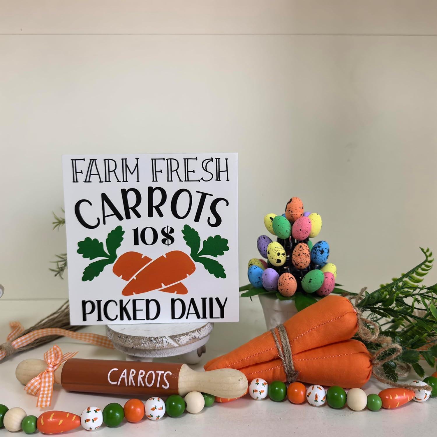 Dazingart Easter Tiered Tray Decor, Carrorts Rolling Pin Tray Decorations Bunny Wooden Signs Wood Bead Garland, Farmhouse Easter Spring Decorations for Home Table Shelf Party Holiday (Carrots) - Image 7