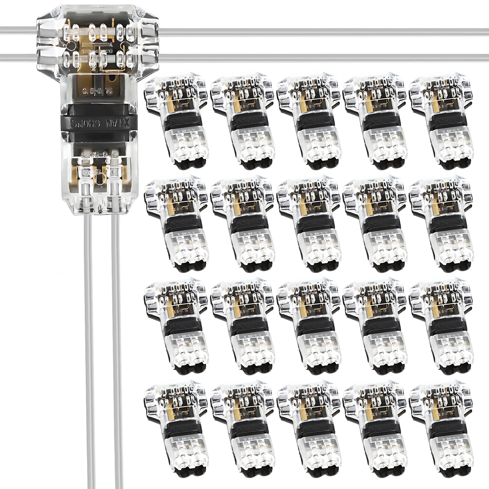 20PCS T Tap Wire Connectors 12V, 2 Pin 3 Way Solderless Rock Wire Splice Connector Low Voltage with No Wires Stripping, Car Wiring Connectors for 20-22 AWG Cable 0.5/0.75mm², -30°C ~ +85°C