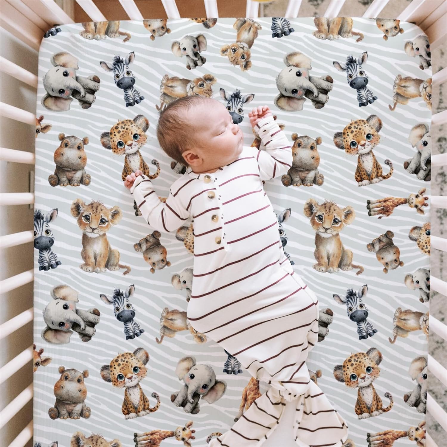 HawSkgFub Safari Jungle African Animals Fitted Standard Baby Crib Sheet Boy Girl, Giraffe Lion Tiger Elephant Zebra Toddler Mattress Cover, Soft Stretchy Nursery Bed Sheets Decor Kids Gift 52” x 28”