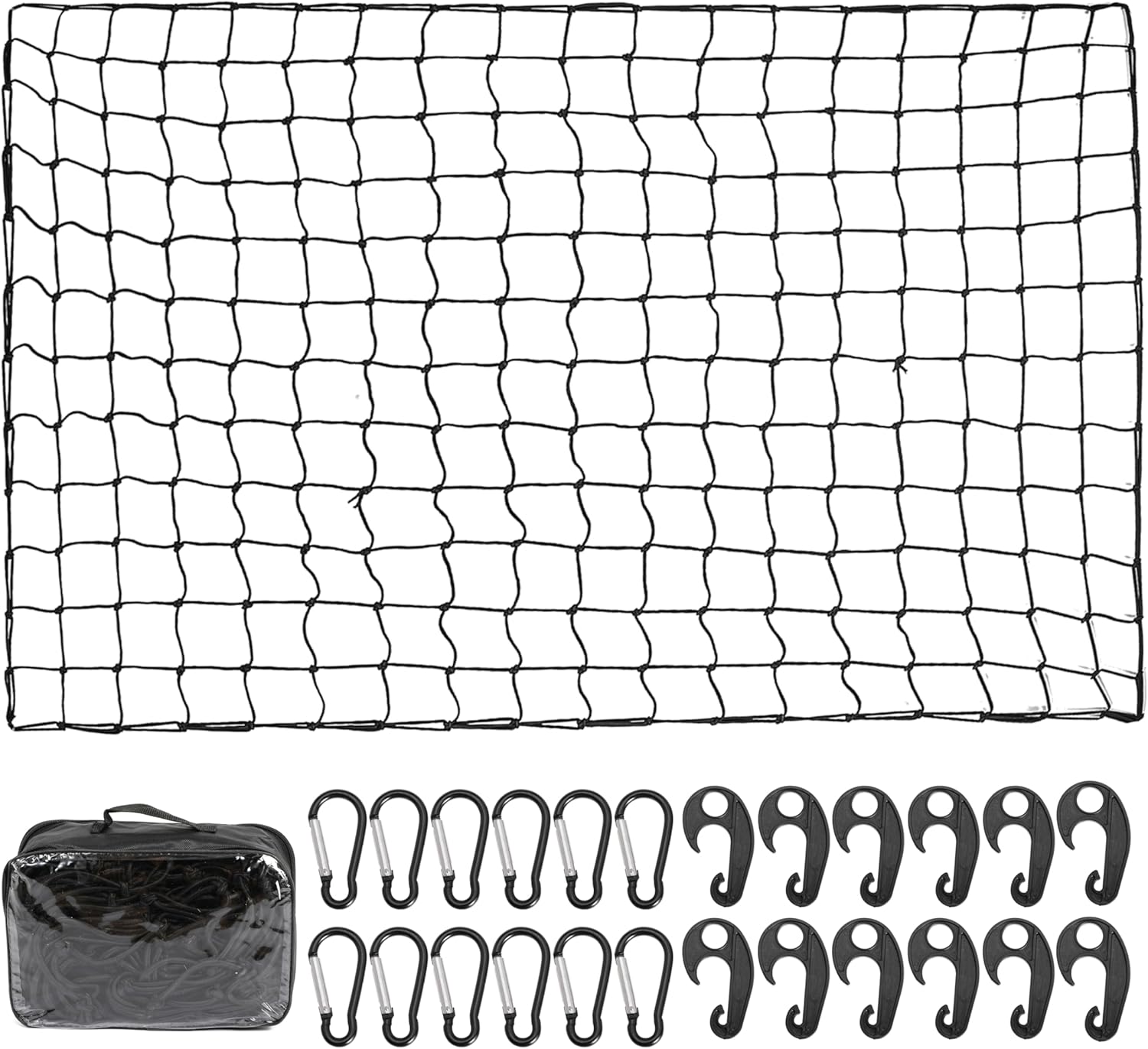 Black Polyester Cargo Net for Truck Bed, 4' x 6' to 10' x 15', Carabiner and Buckle Fasteners