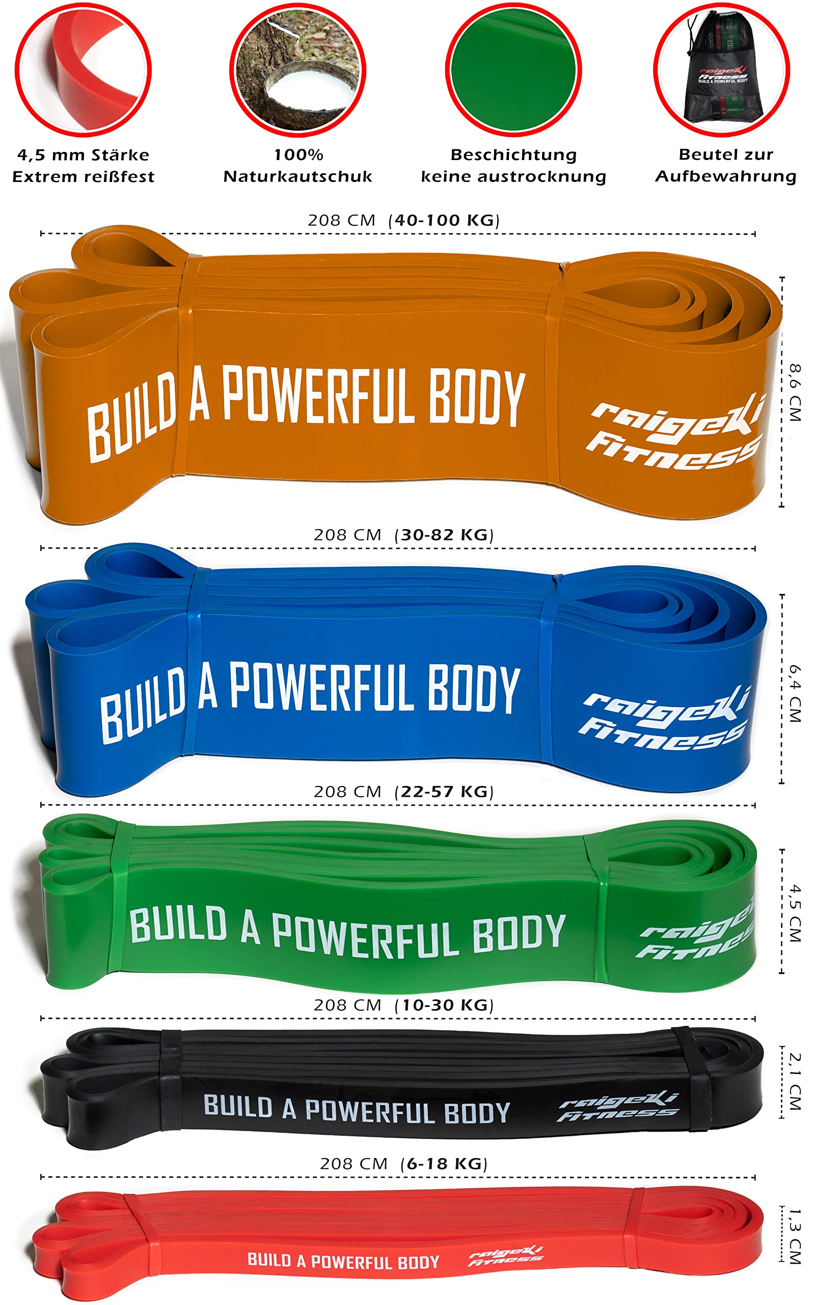 Raigeki Fasce elastiche per resistenza fitness (+ piani di allenamento) [individualmente e insieme] Bande di resistenza lunghe fasce fitness per sport di forza - Fascia fitness