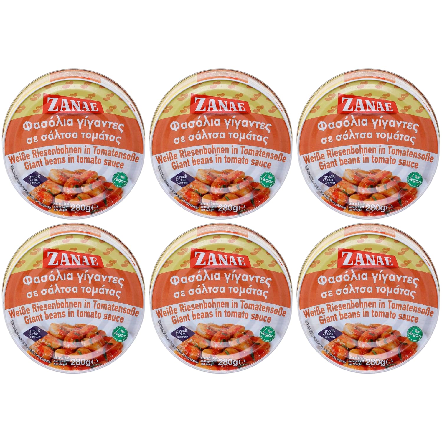 Zanae Gigantes Bohnen in Tomatensauce 6x 280g Dose | Spezialität aus Griechenland | +20ml Jassas Olivenöl
