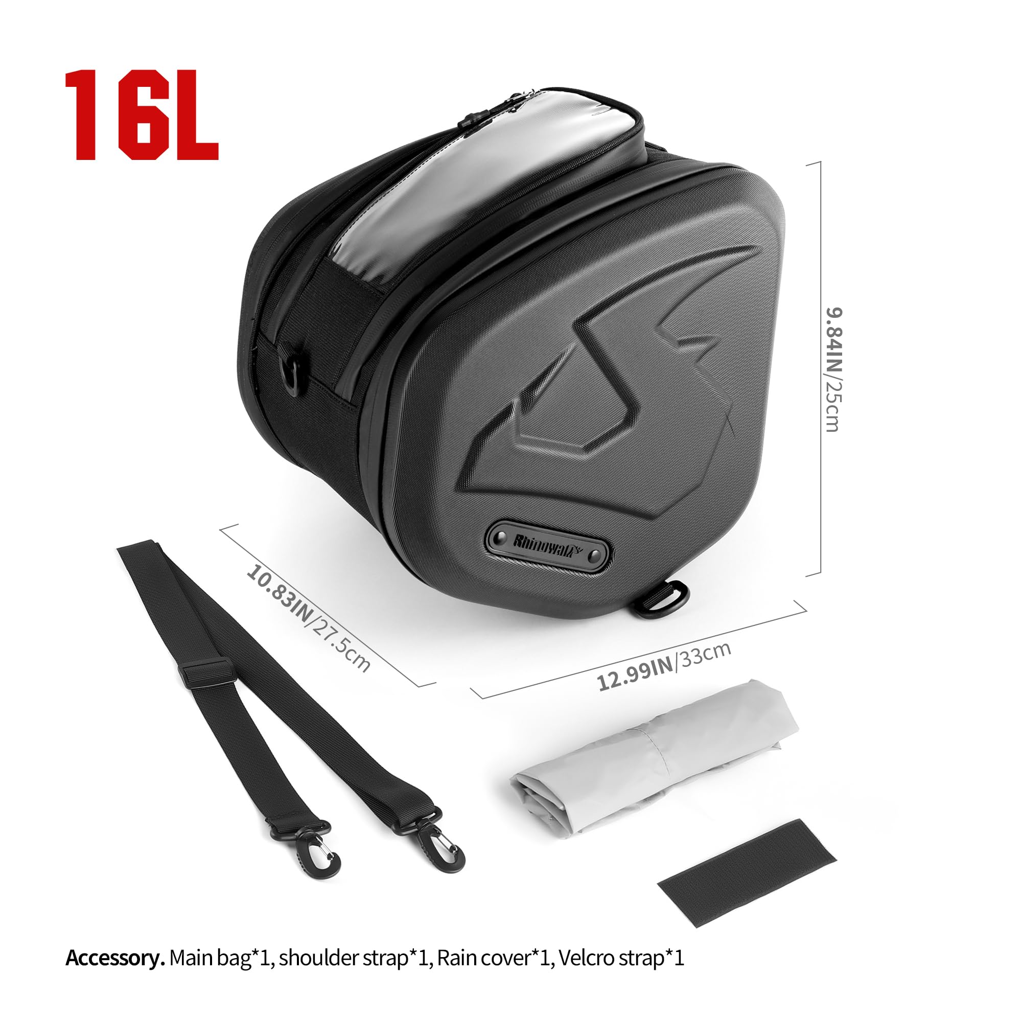 Rhinowalk Sacoche tunnel pour scooter, coque rigide en ABS, 16 l, sac de moto avec tunnel central, avec compartiment pour écran tactile, poignée de transport, bandoulière et housse de pluie
