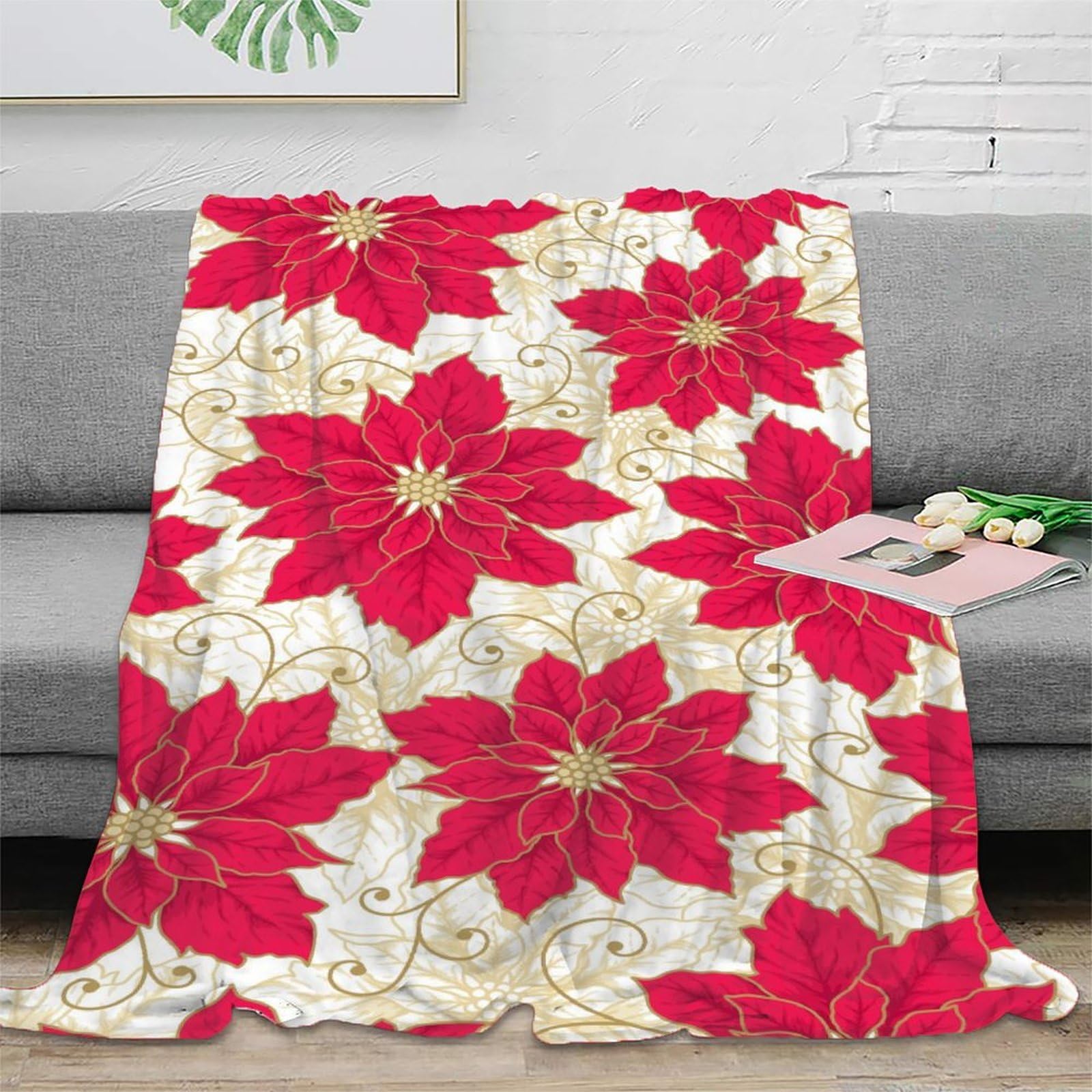 Manta de Navidad 3D Impresa Ponsettia Microfibra Decoración Hogar Manta Floral Navideña Suave Cálida para Sofá Dormitorio 60x80inch(150x200cm)