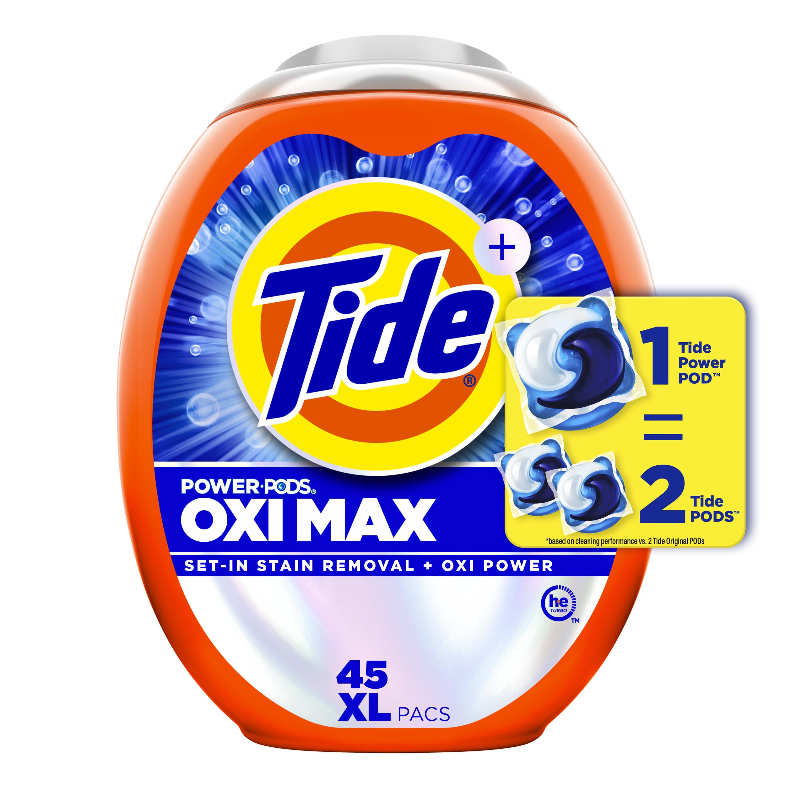Tide Oxi Max Power PODS Laundry Detergent, Laundry Pods with Stain Remover Plus Oxi Power, 45 Count
