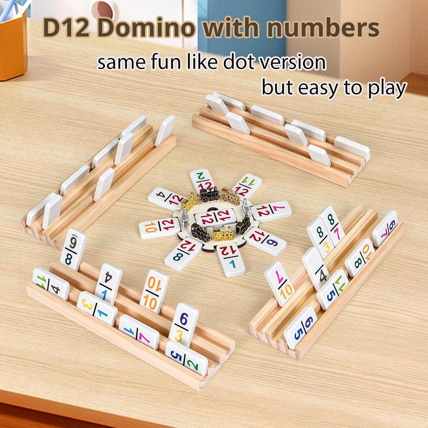 Mexican Train Dominoes Set with Numbers Double 12, Includes 4 Tiles Racks & 9 Metal Trains & Wooden Hub & 91 Colorful Dominoes Tiles with Portable Case for Game Night, Travel or Party