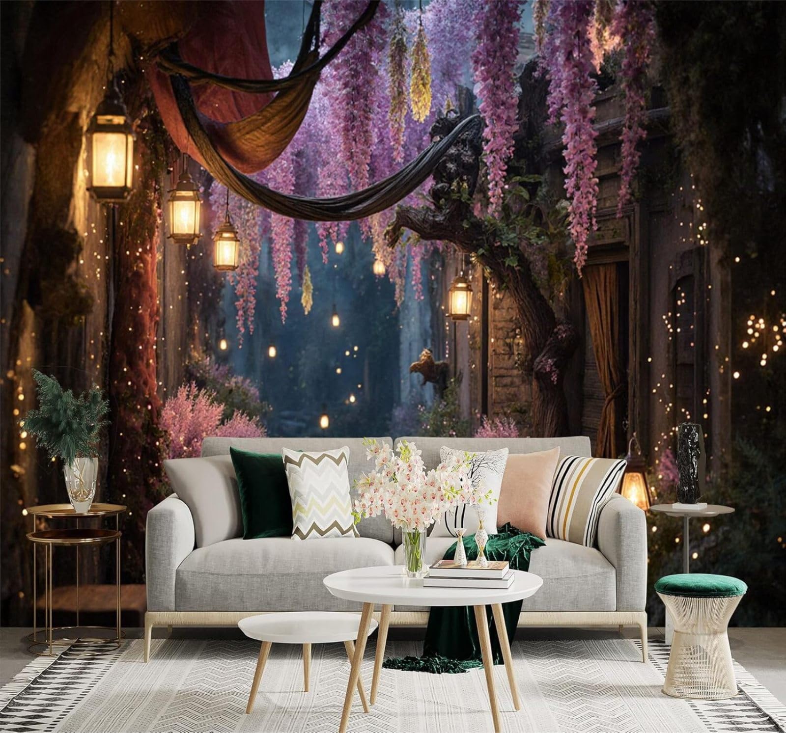 Xlming 150Cm×105Cm(B×H) Vintage Architecture Lanterns Purple Flowers Night Scene 3D Wallpaper Premium Textured Silk Study Dining Living Room Bedroom Sofa Tv Wall Easy Install-150Cm×105Cm