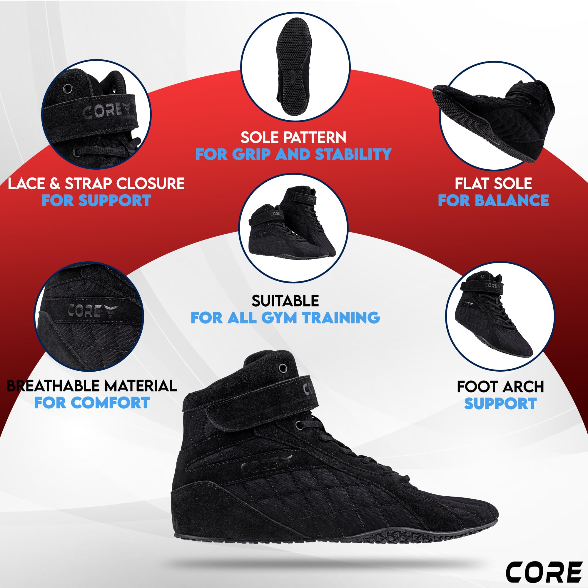 Core Zapatillas de Culturismo - Zapatillas de Halterofilia para Sentadillas, Levantamiento de Potencia, Peso Muerto y Entrenamiento en el Gimnasio - para Hombres y Mujeres - con Suela Plana