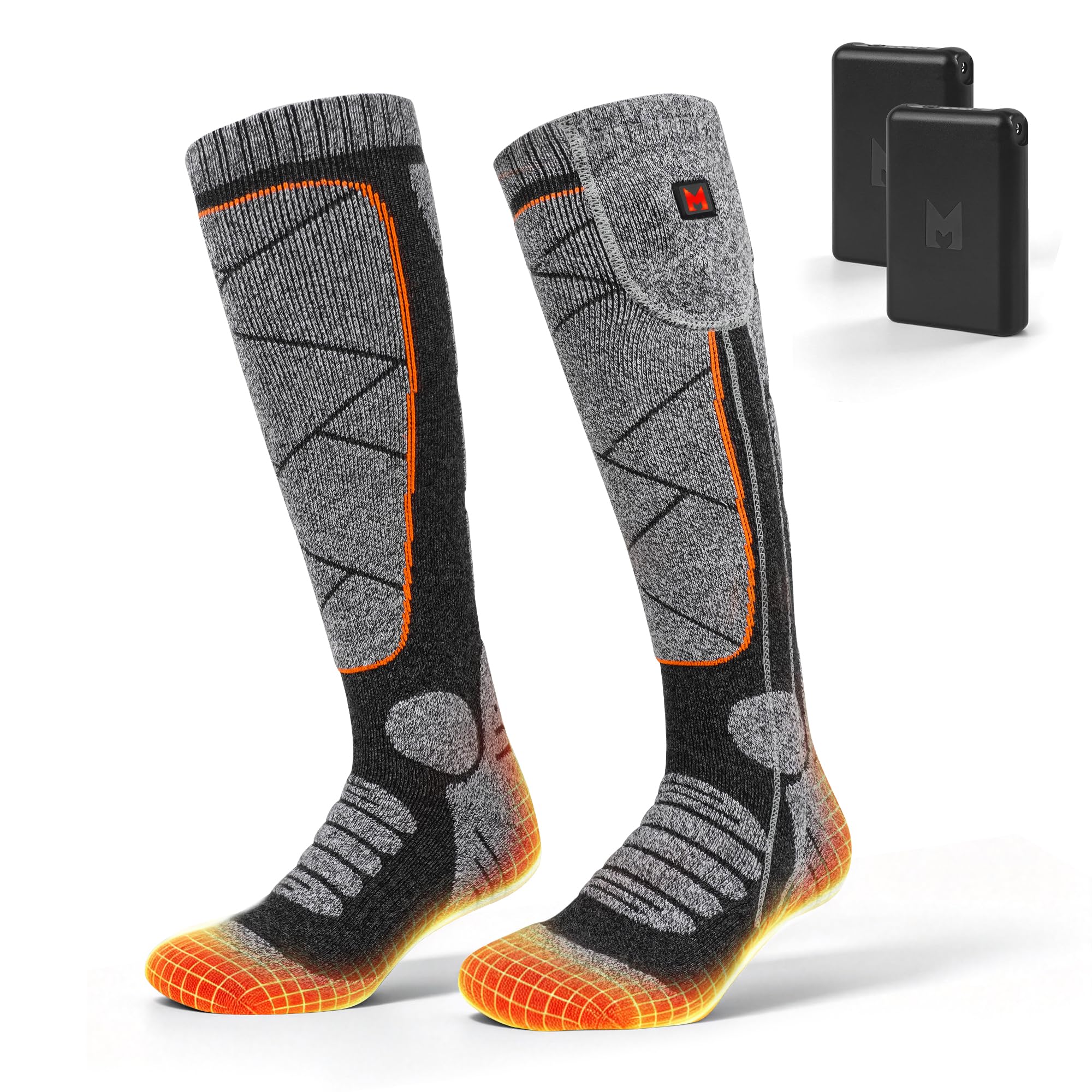 MRAWARM Rechargeable Heated Socks for Men Women (Grey/Orange)