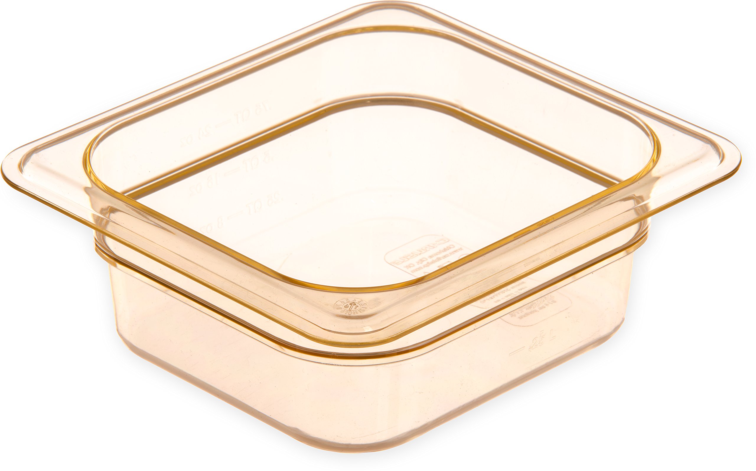 Carlisle StorPlus High Heat Food Pan, 1/6-size pan, 2-1/2" deep, easy-lift notch, heat-resistant to 375°F, stackable, break/stain-resistant, capacity indicators, dishwasher/microwave safe, polyethersulfone, amber, BPA free, NSF, 3088313