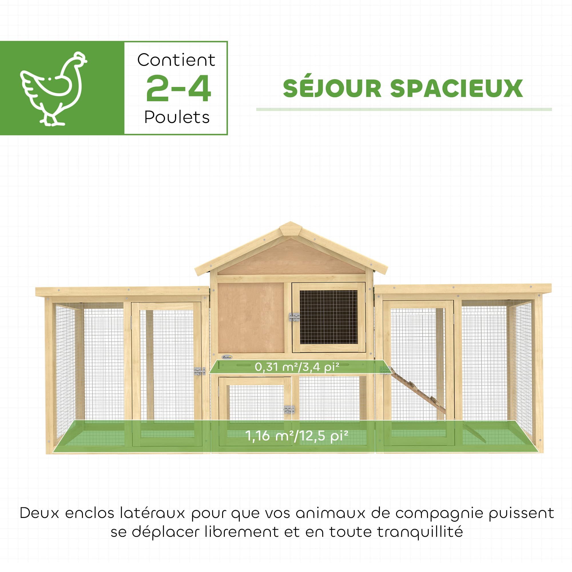 PawHut Poulailler clapier modèle Chalet Multi-équipé : rampes, nichoirs, perchoirs, Plateau excrément, fenêtre, Portes Bois Massif, Bois Naturel