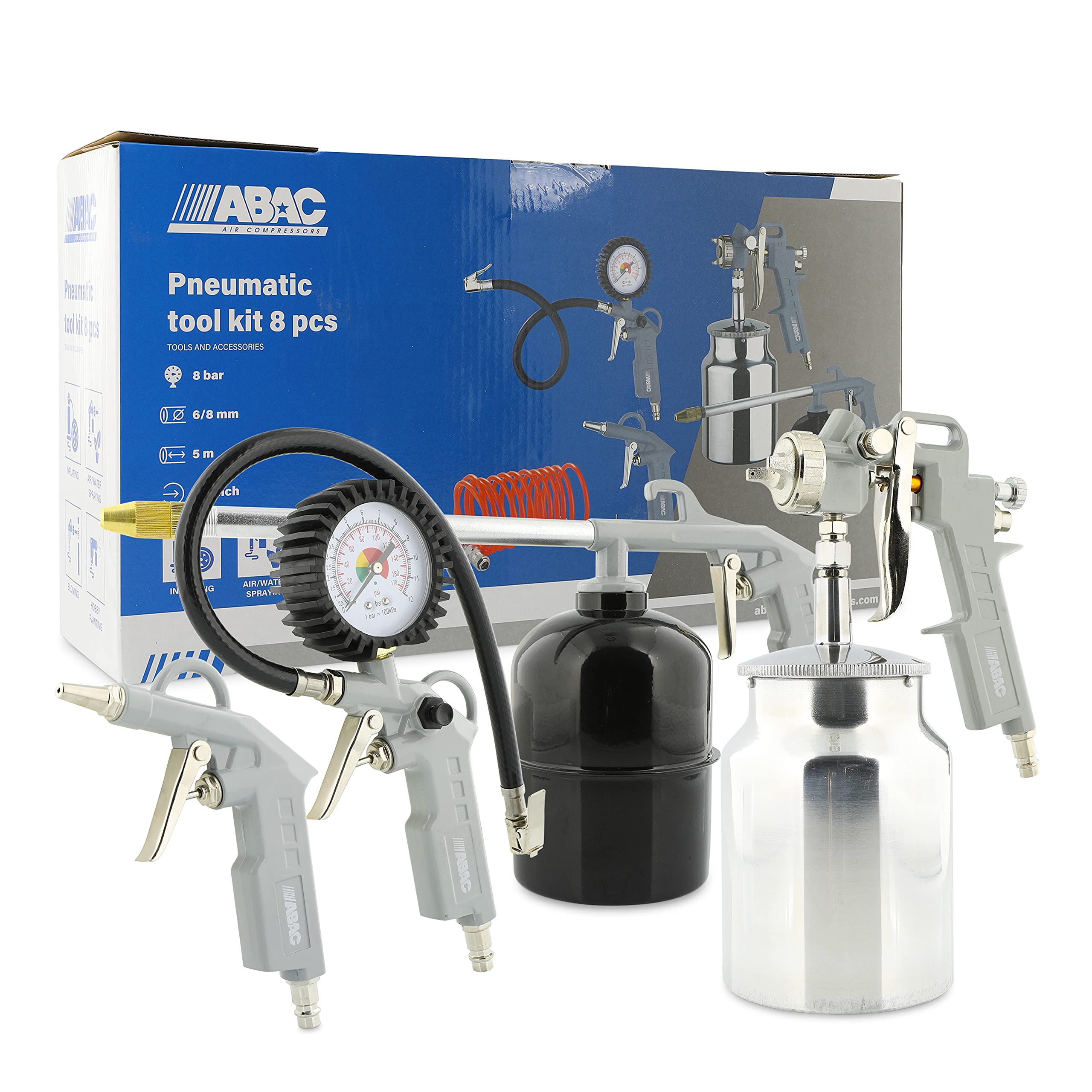 ABAC Kit Accessori per Compressore 8 Pezzi G-810AL, Inclusi Gonfiagomme con Manometro, Pistola di Soffiaggio, Pistola a Spruzzo per Vernice 1L, Pistola di Lavaggio 0.9L, Tubo a Spirale 5 m