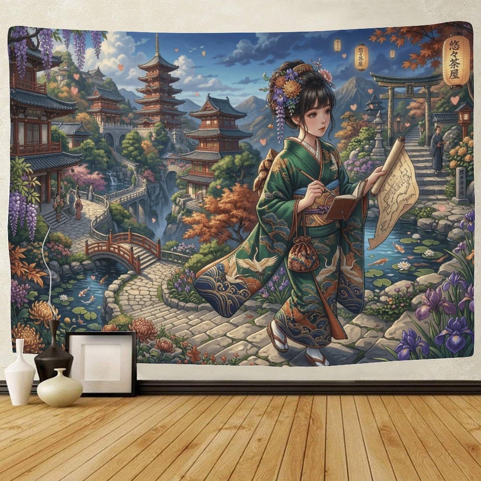 GPMNBCXZK Japanese Geisha 3D Printed Pagoda Bedroom Living Room Traditional Wall Art Decor Tapestry 180cmx230cm