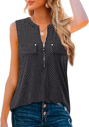 Bulotus Womens Zipper V-Neck Sleeveless Summer Tops Business Casual Work Tunic Tank Tops Dressy Blouse Shirt