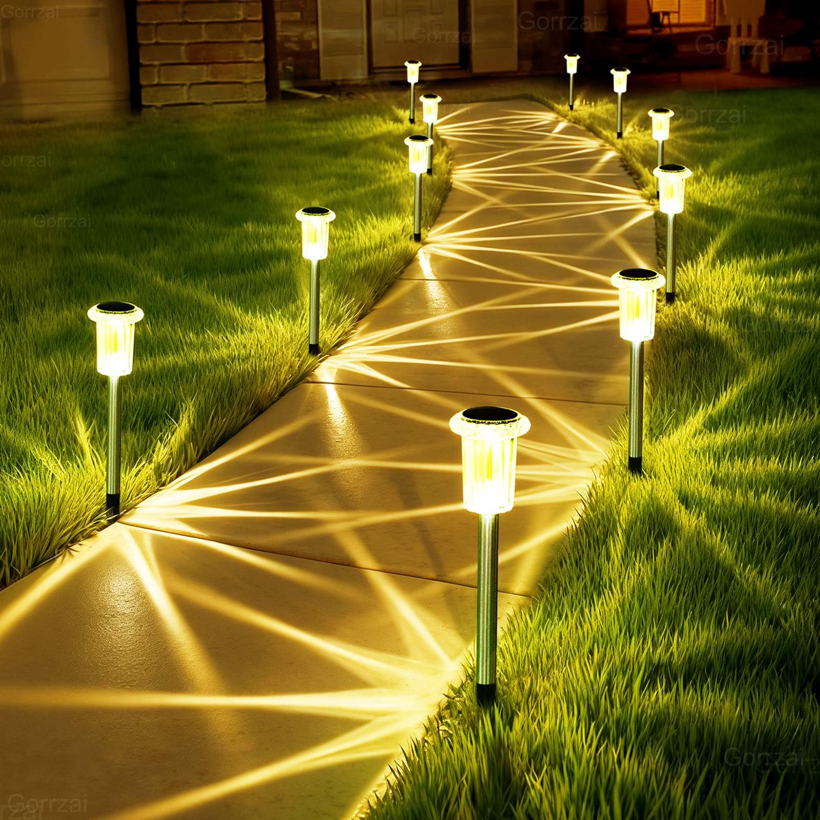 solar outdoor lights 10 pack pathway solar lights led waterproof stainless steel garden stake for pathway, walkway, sidewalk, driveway, lawn (yellow)