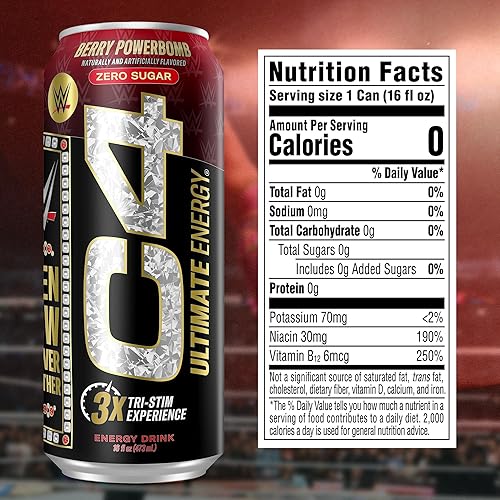 Miniatura 6 de C4 Ultimate x WWE - Bebida energética sin azúcar de cafeína de 300 mg  Berry Powerbomb Bebida de rendimiento preentrenamiento  16 onzas (paquete de
