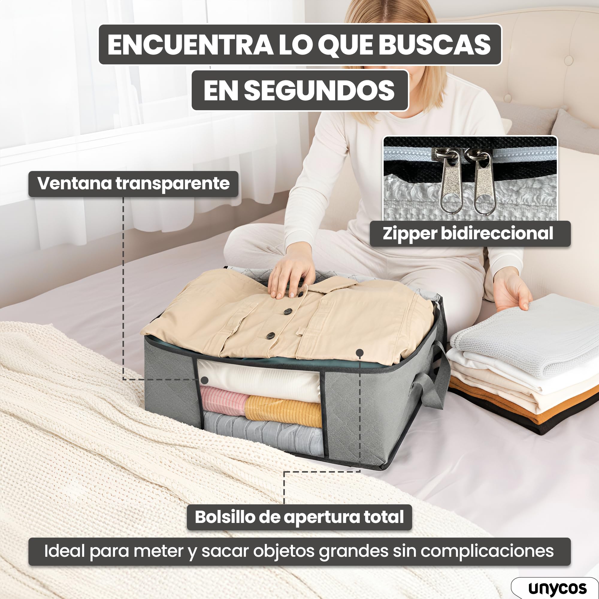 unycos - Cajas para Almacenaje de Ropa x 6【35L】 Bolsas Plegables con Ventana Transparente, Doble Cremallera y Asas Reforzadas, Organizador de Toallas, Edredones, Juguetes | Hasta 10 kg (Grey/Black)