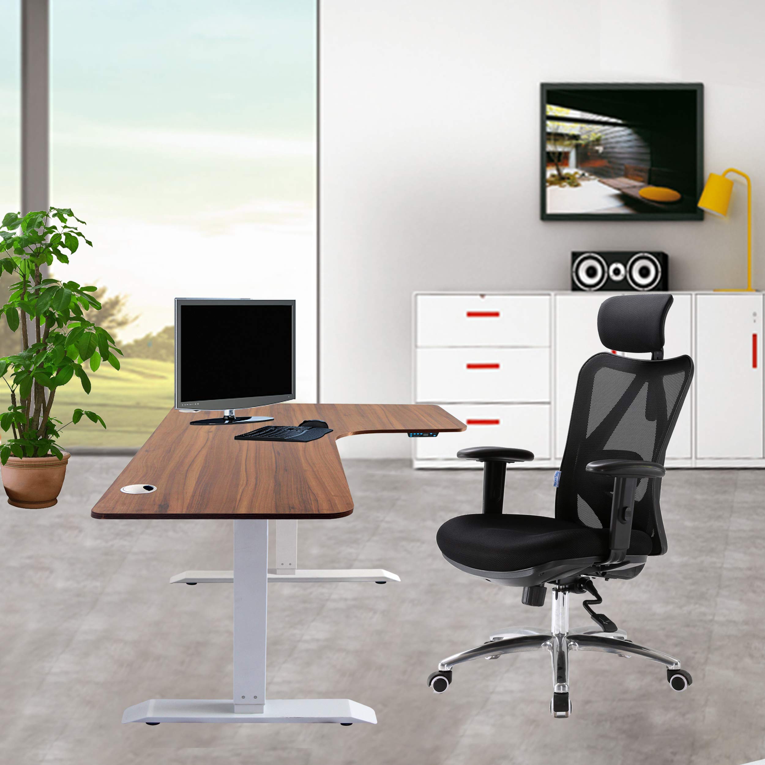 Caesar Hardware Adjustable Sit to Stand L-Shaped Corner Work Office Desk with White Legs Ergonomic 63-in 3 Memory Buttons LED Electric Automatic Height, Dark Oak