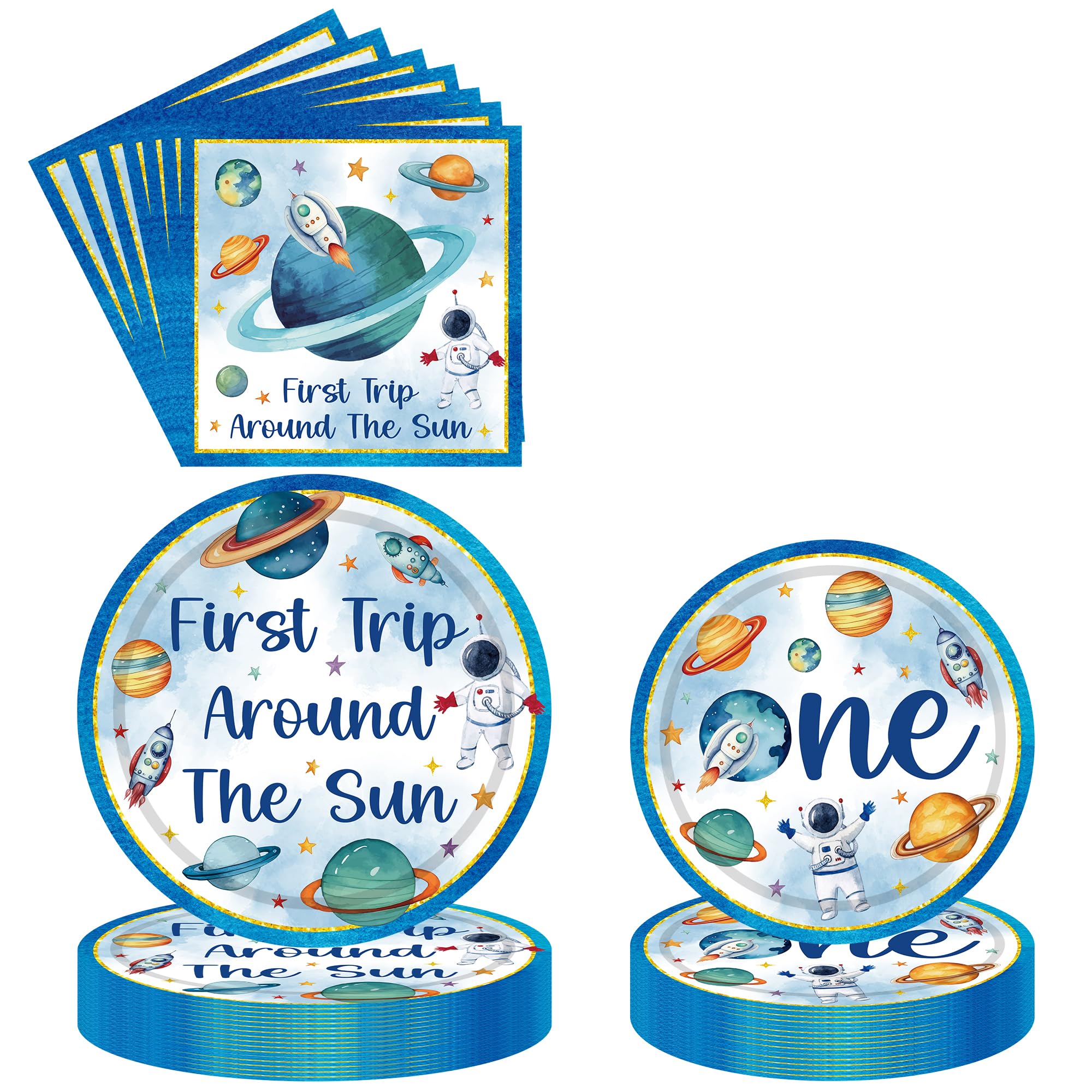 First Trip Around The Sun - 96 Pcs Outer Space Theme Dinner Plates Dessert Plates Napkins Party Paper Tableware Set Supplies for Boys Girls Kids Birthday Party Serves 24 Guests