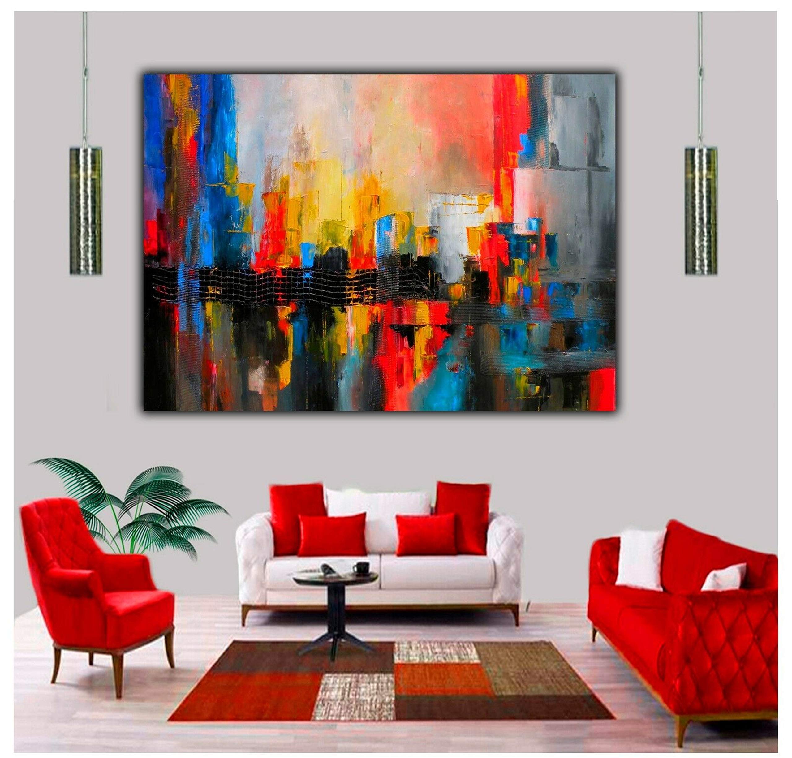 Czerwono-żółta abstrakcyjna odbicie farba olejna obraz reprodukcja obrazu wydruk na oprawionym płótnie sztuka ścienna dekoracja domu 76 x 50 cm (76 x 50 cm) - głębokość 18 mm
