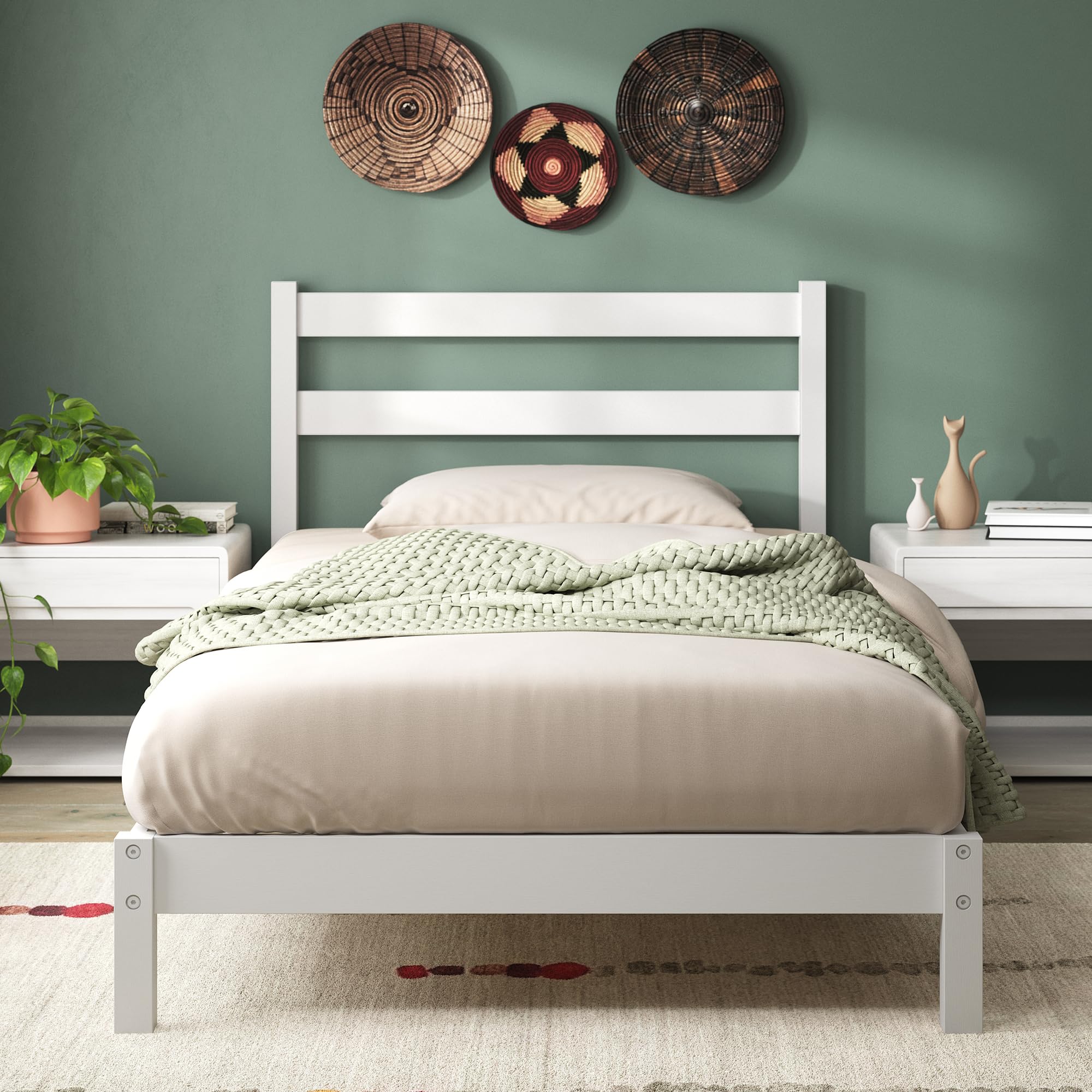 Zinus Robin Struttura Letto Singolo 80x190 cm con Testiera in Bambù - Altezza 20 cm - Rete Singola con Doghe in Legno - Per Adulti, Bambini e Teenager - Facile da Montare - Bianco