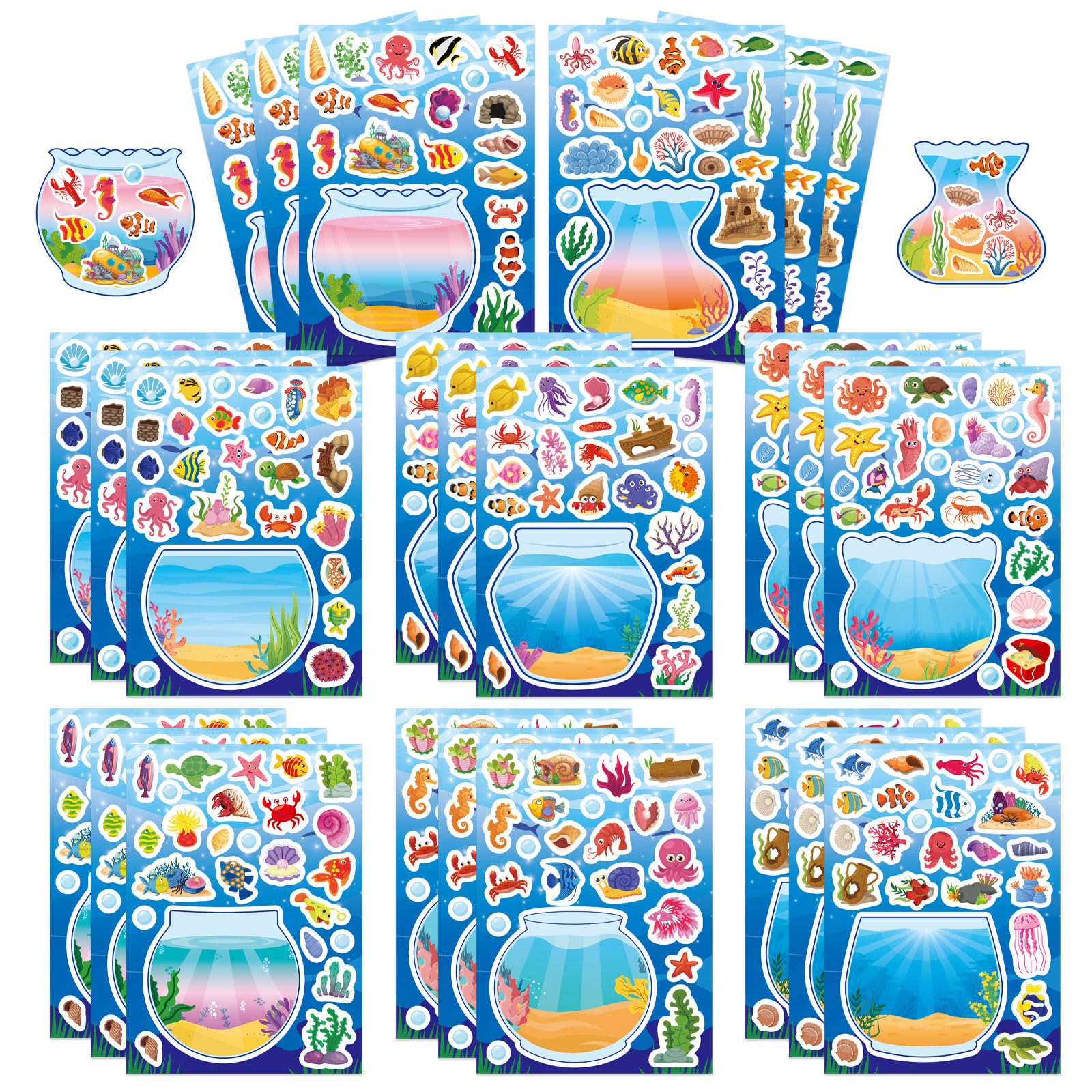 24 PCS Ocean Animal Stickers, Make a Face Sticker Sheets for Kids, Make Your Own Sea Animal Fish Tank Scene for Kids Summer Party Favors Activities