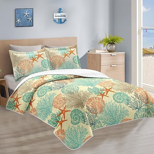 Miniatura 2 de Tritard Juego de edredón costero de 3 piezas tamaño matrimonialqueen, edredones reversibles de microfibra con 2 fundas de almohada, ropa de cama
